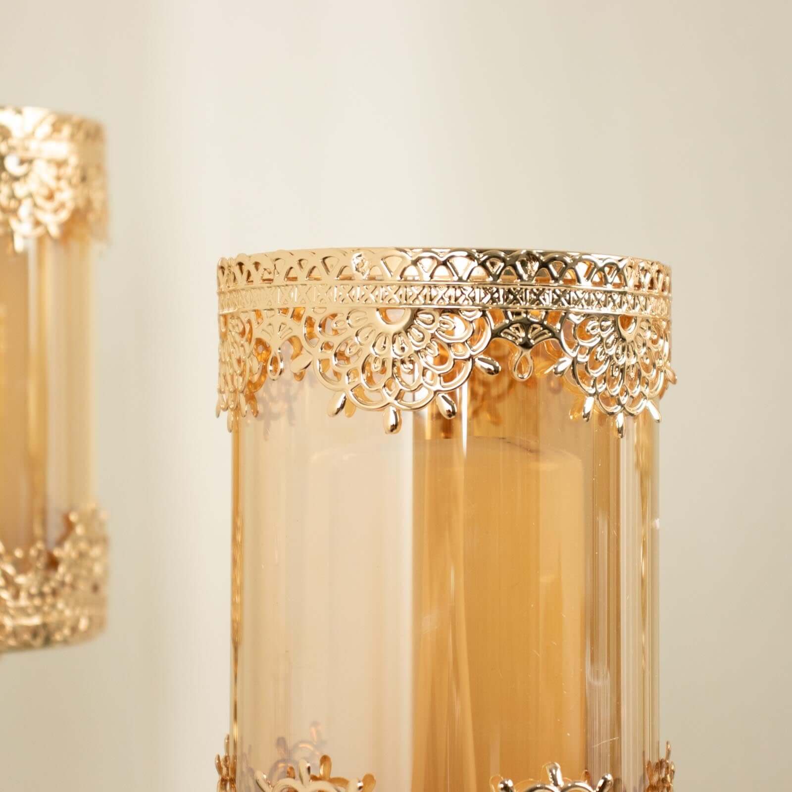 Set of 3 Lace Votive Candle Stands Antique Gold with Hurricane Glass Shades - Refined Pillar Candle Holders 13, 15, 17