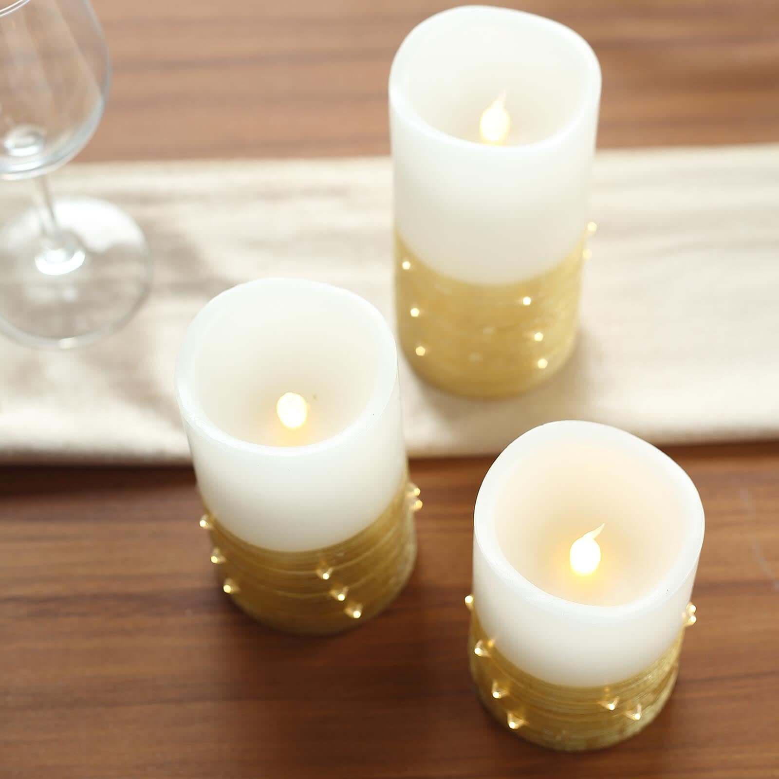 Set of 3 LED Flameless Pillar Candles Wrapped with Fairy String Lights Gold - Remote Operated 4, 5, 6