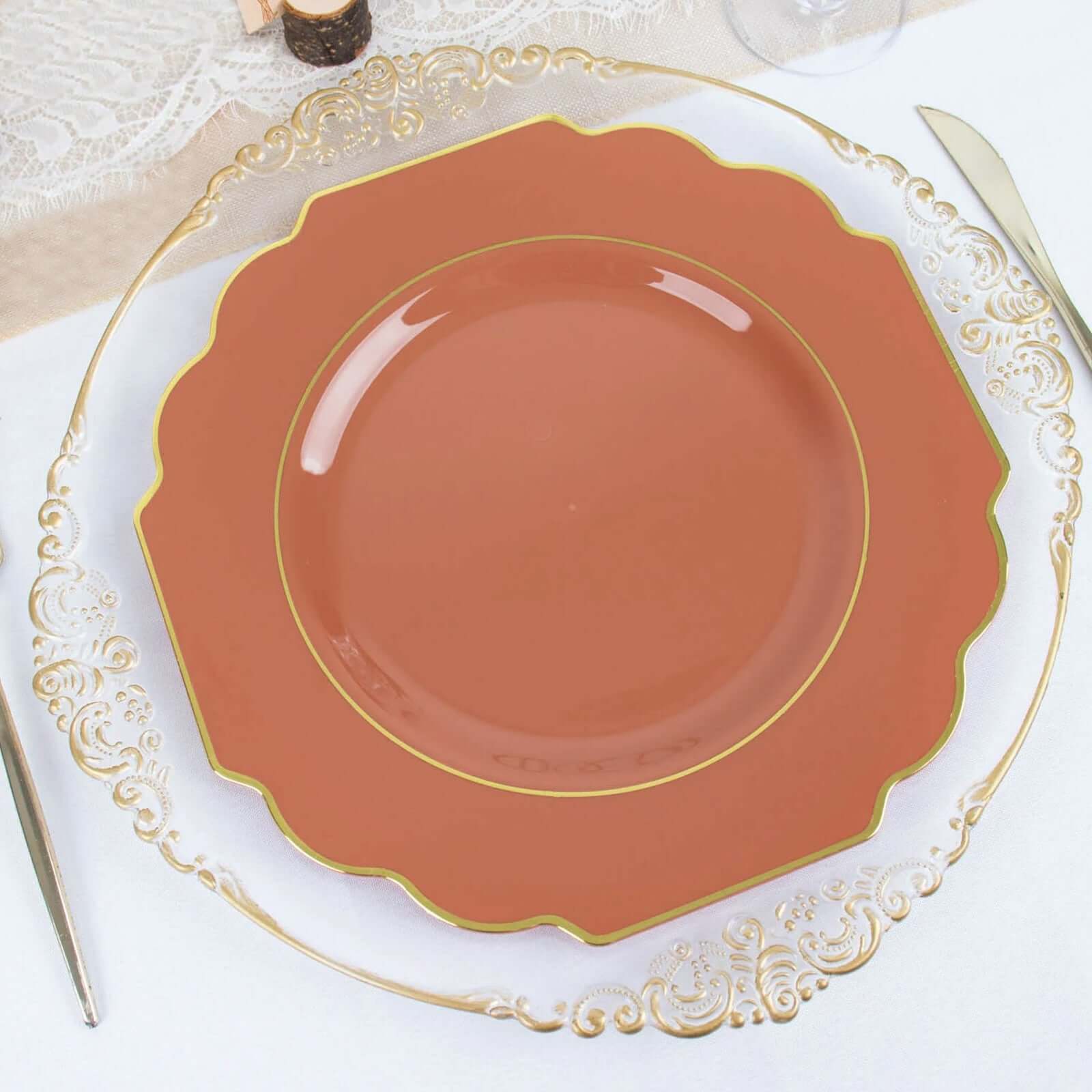 10-Pack Plastic Dinner Plates in Terracotta (Rust) Baroque Design with Scalloped Gold Rim - Heavy Duty Disposable Party Plates 11