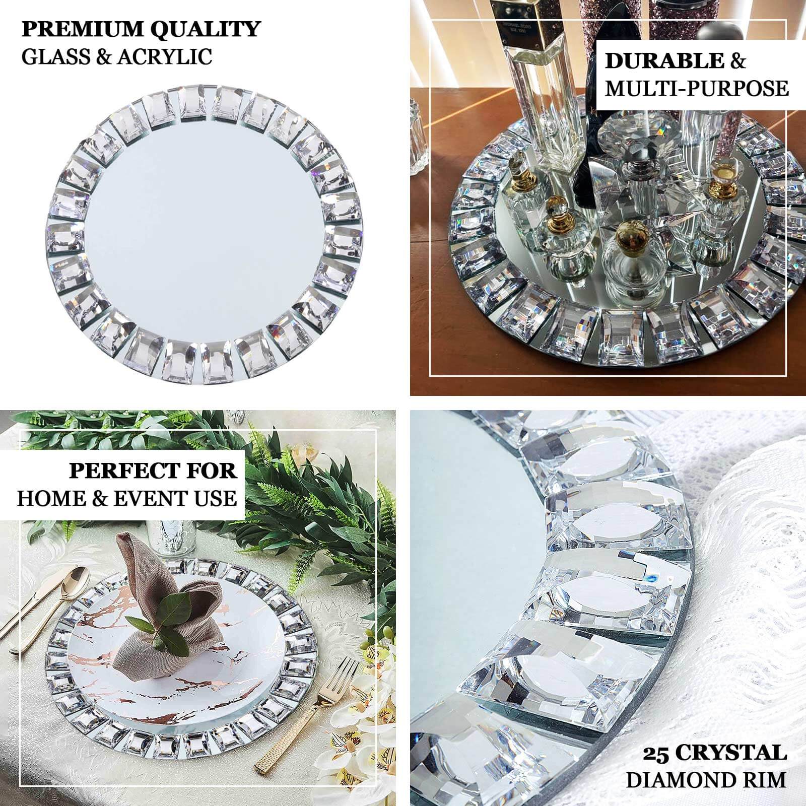 2-Pack Glass Mirror Round Charger Plates 13 in Silver with Jeweled Rim - Premium Decorative Dinner Party Charger Tableware