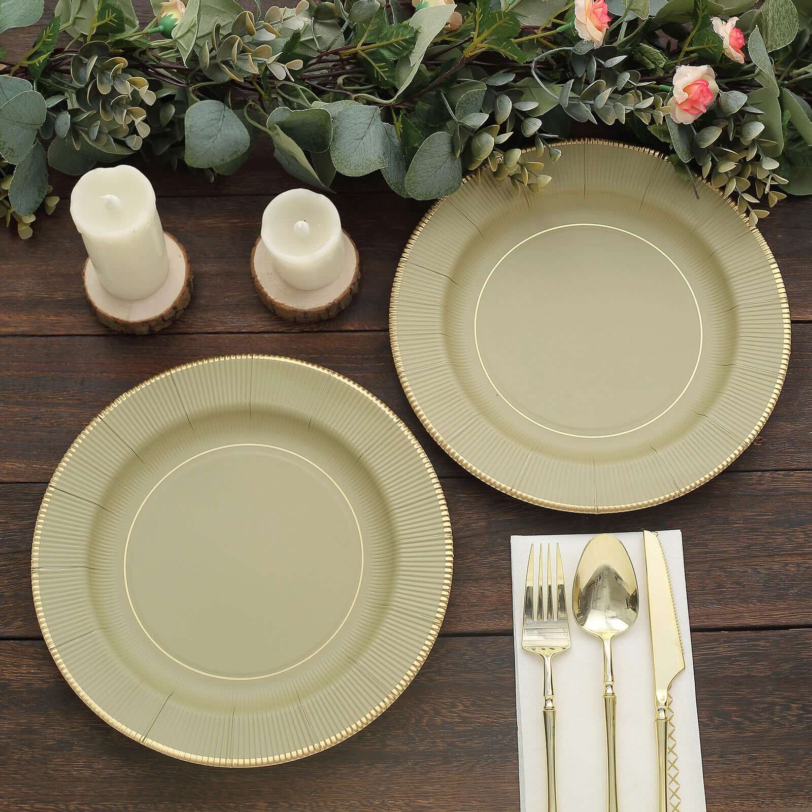 25-Pack Paper 10 Round Dinner Plates in Khaki Sunray Design with Gold Rim - Disposable Heavy Duty 350GSM Party Plates