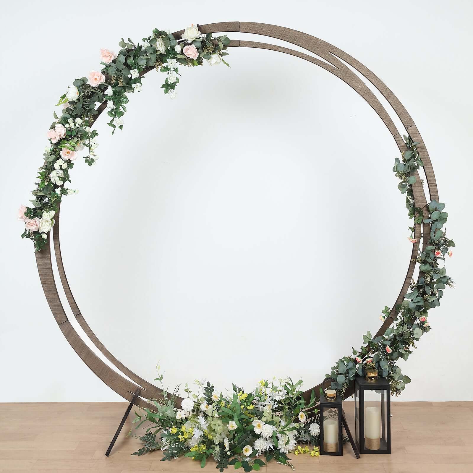 8ft Natural Brown Wood Round Event Party Arbor Backdrop Stand, Rustic DIY Wedding Arch