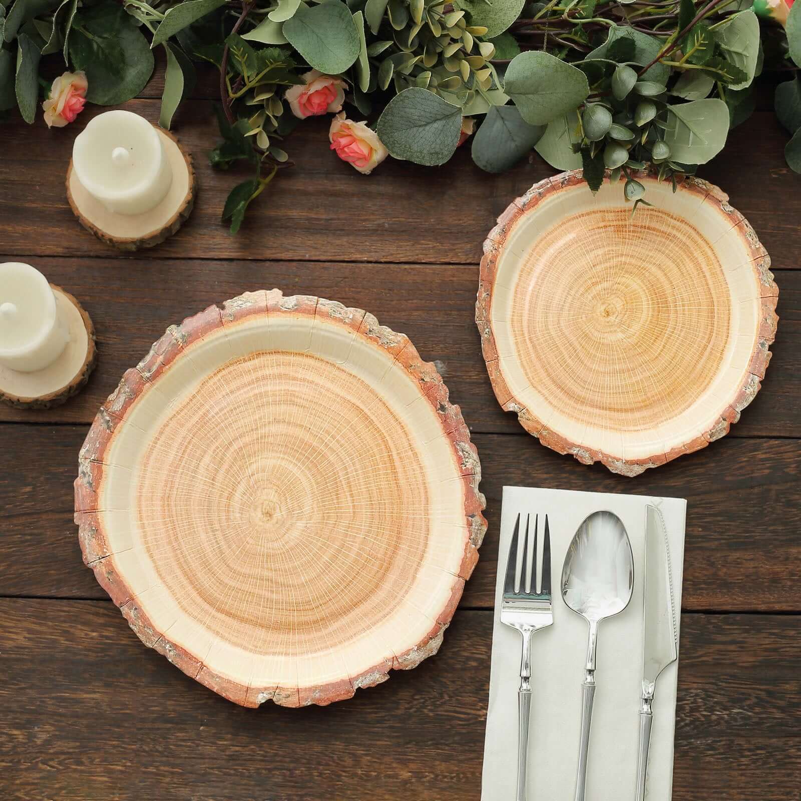 25-Pack Paper 7 Round Dessert Plates in Natural Wood Slice Print - Disposable Appetizer Salad Plates for Rustic Farmhouse Style Events