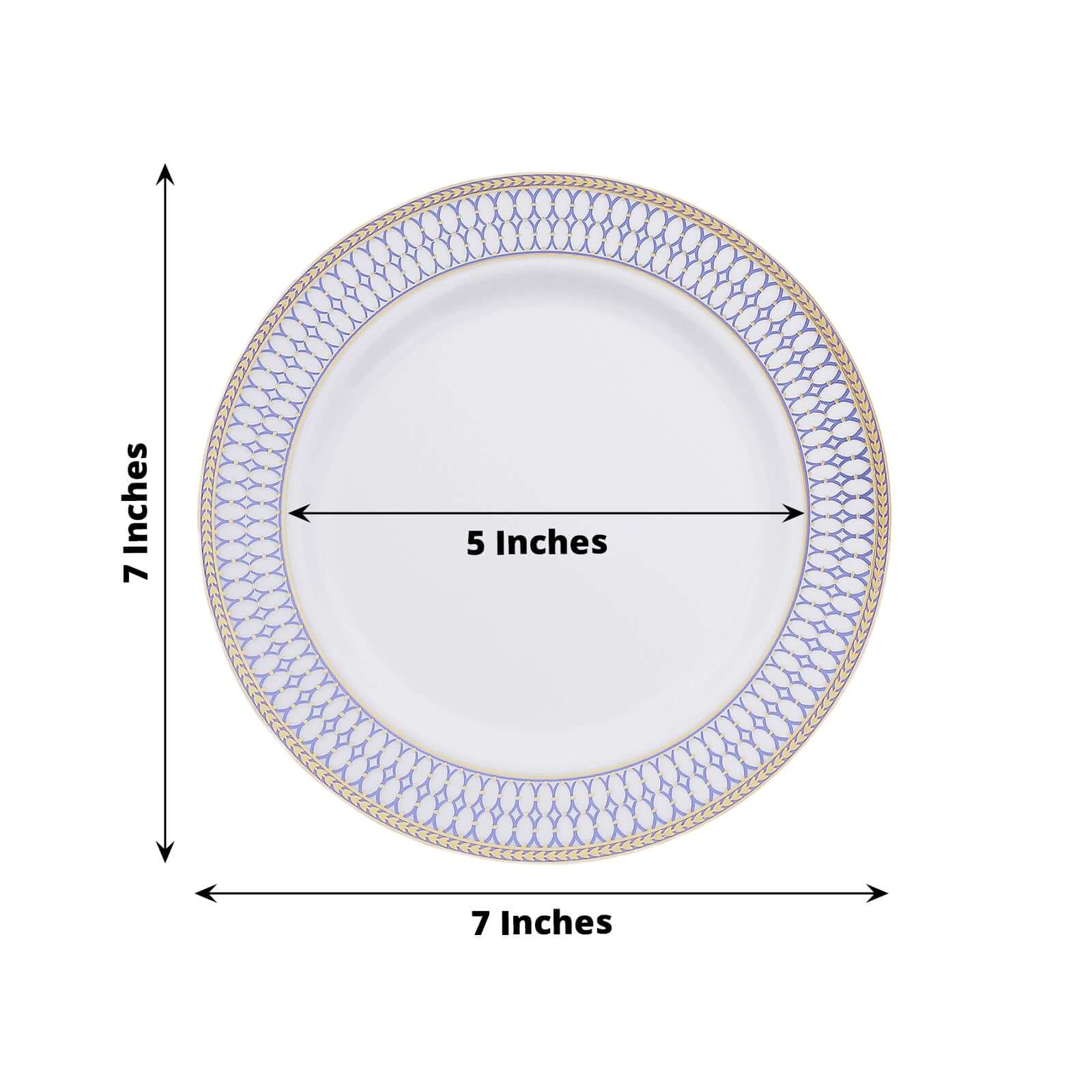 10-Pack Plastic 7 Round Dessert Plates in White with Gold Navy Blue Chord Rim - Renaissance Style Disposable Salad Appetizer Plates for Events & Banquets