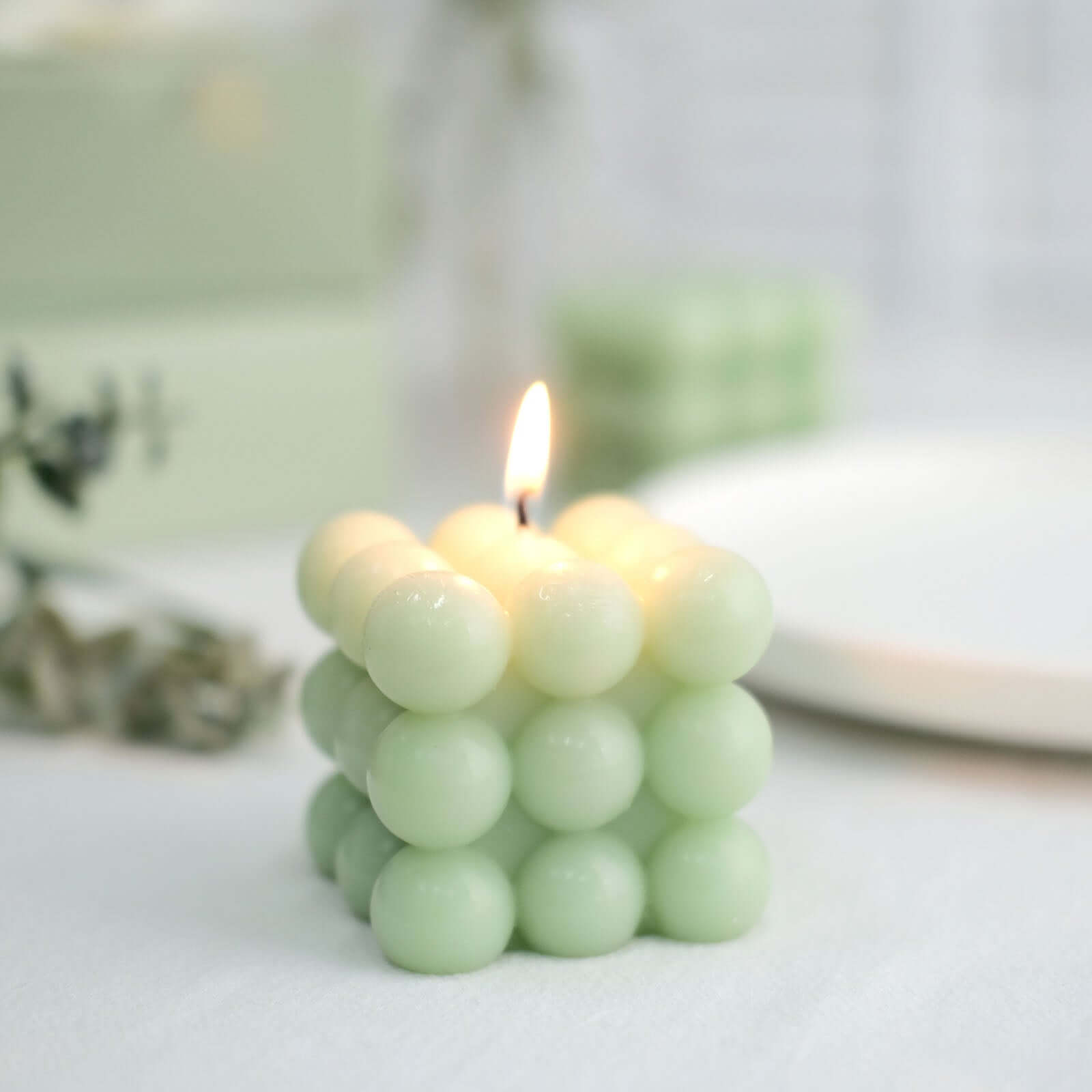 2-Pack Decorative Paraffin Wax Candles Bubble Cube Design Sage Green - Unscented Long Burning Pillar Candle Set 2