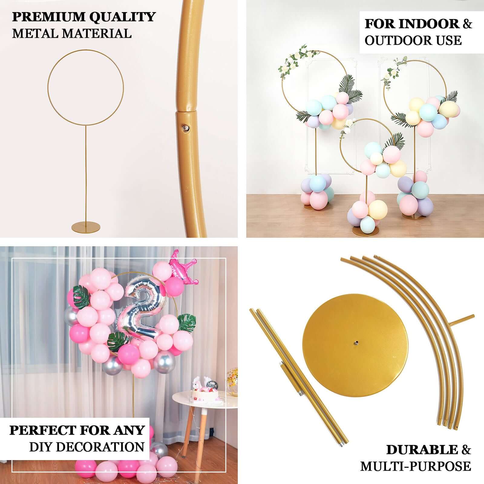 7ft Gold Balloon Column With Hoop Flower Pillar Stand, Metal Arch Table Centerpiece - Height Adjustable