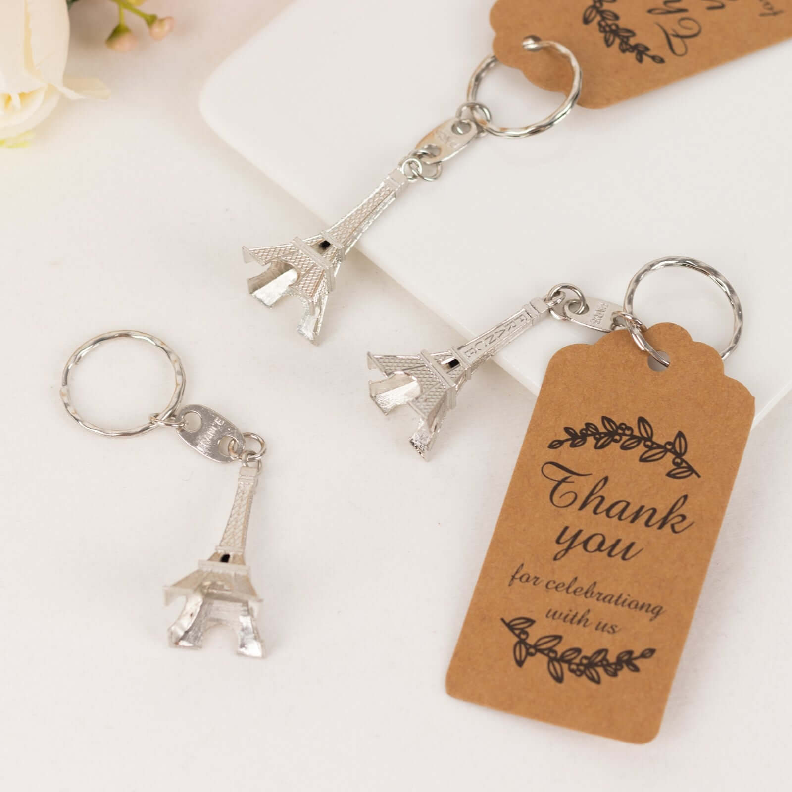 10 Pack Silver Plastic Paris Eiffel Tower Keychain Wedding Favors, 4 Bridal Shower Party Souvenirs With Thank You Tag