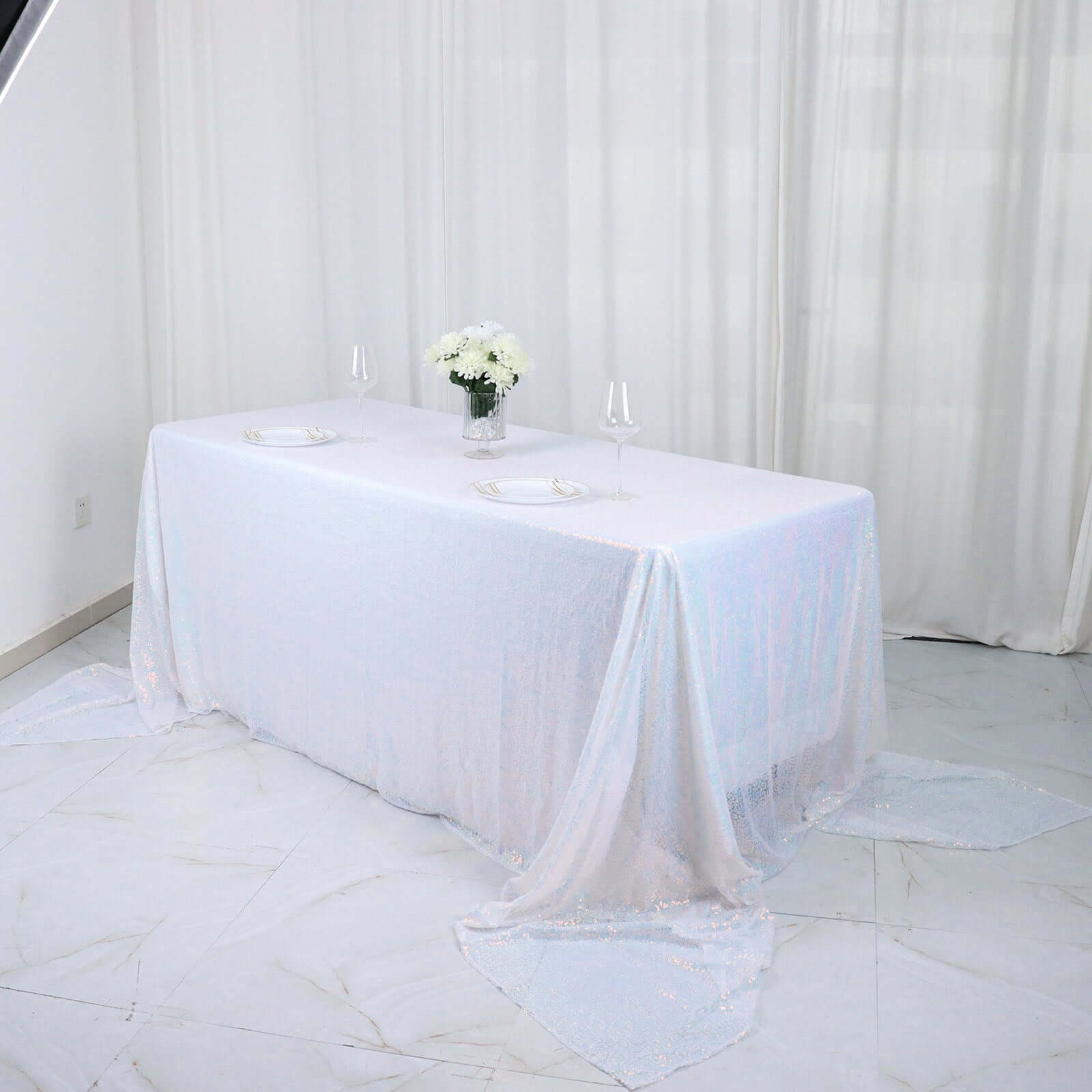 Sequin 90x156 Rectangle Tablecloth Iridescent Blue - Seamless Twinkling Table Cover