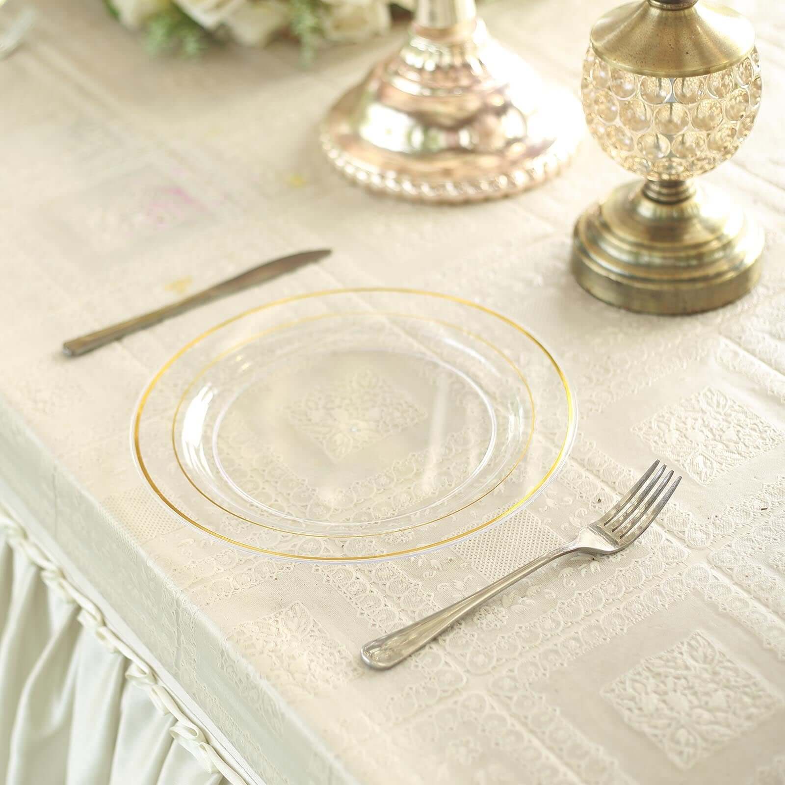 10-Pack Plastic Dinner Plates Clear with Très Chic Gold Rim - Perfect Disposable Party Plates 10