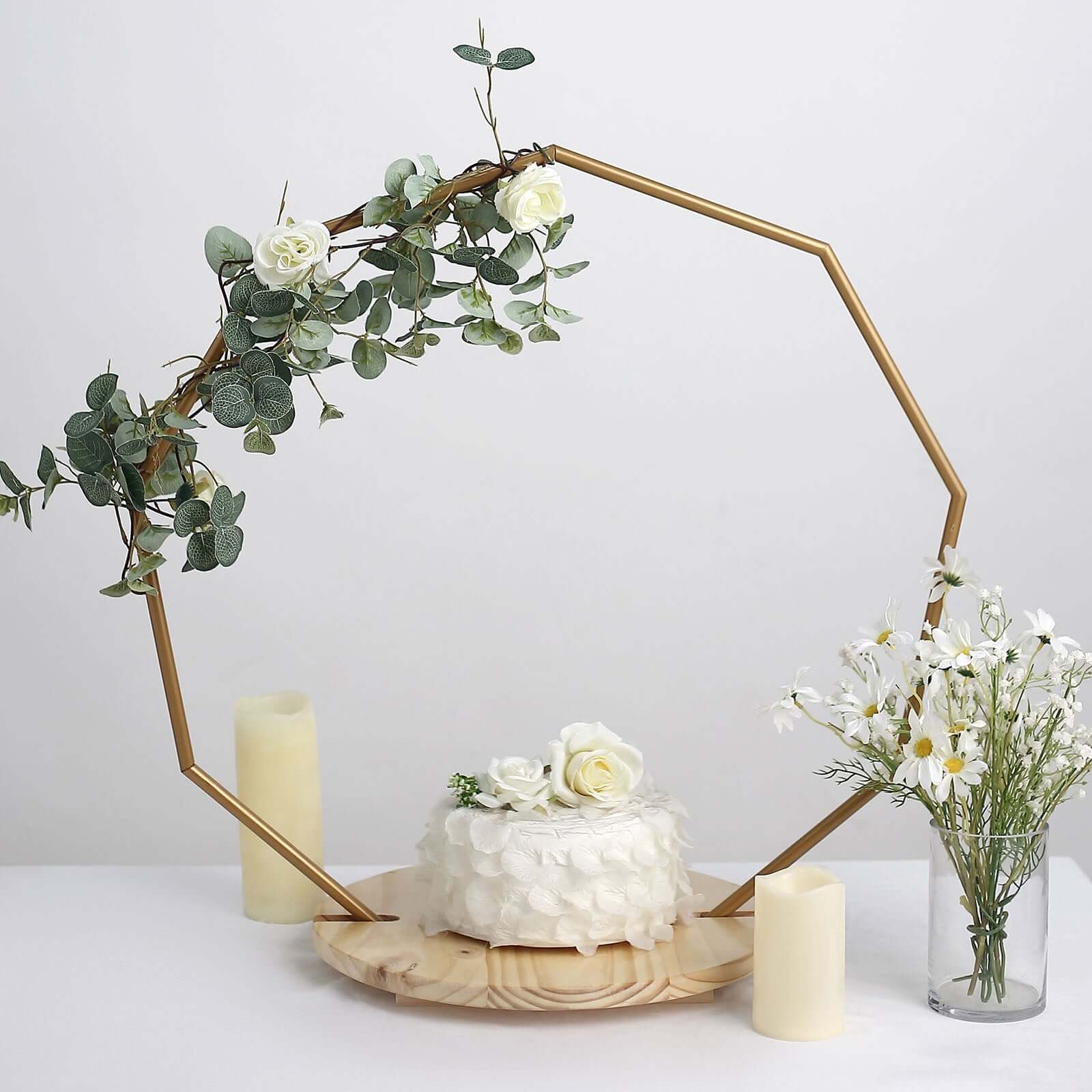 Metal Nonagon Floral Hoop Cake Stand Gold - Chic Geometric Dessert Display DIY Centerpiece Table Decoration With Wooden Base 27