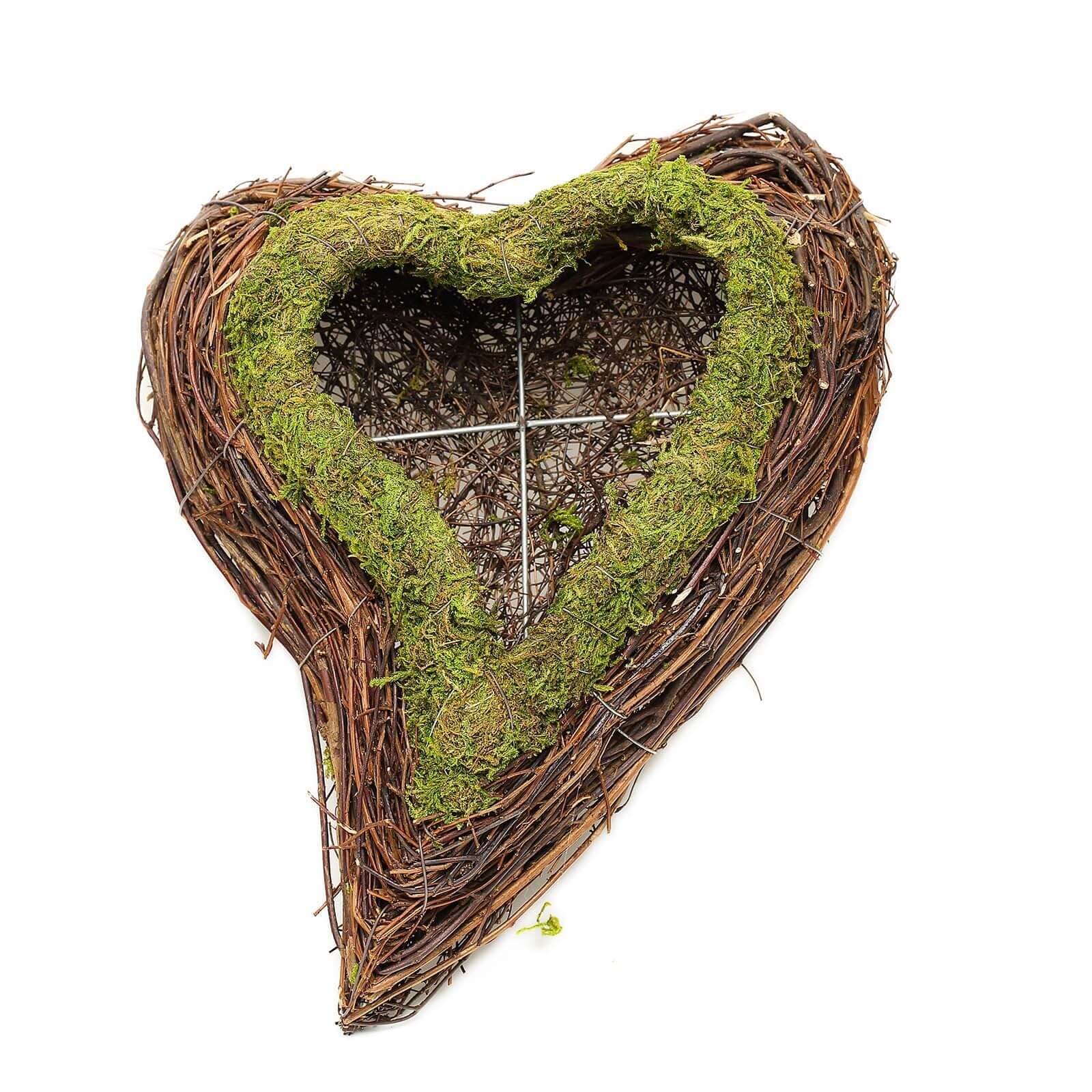 Set of 2 Heart Shaped Planter Boxes Preserved Moss Twigs Green - Flower Basket Centerpieces 14, 11