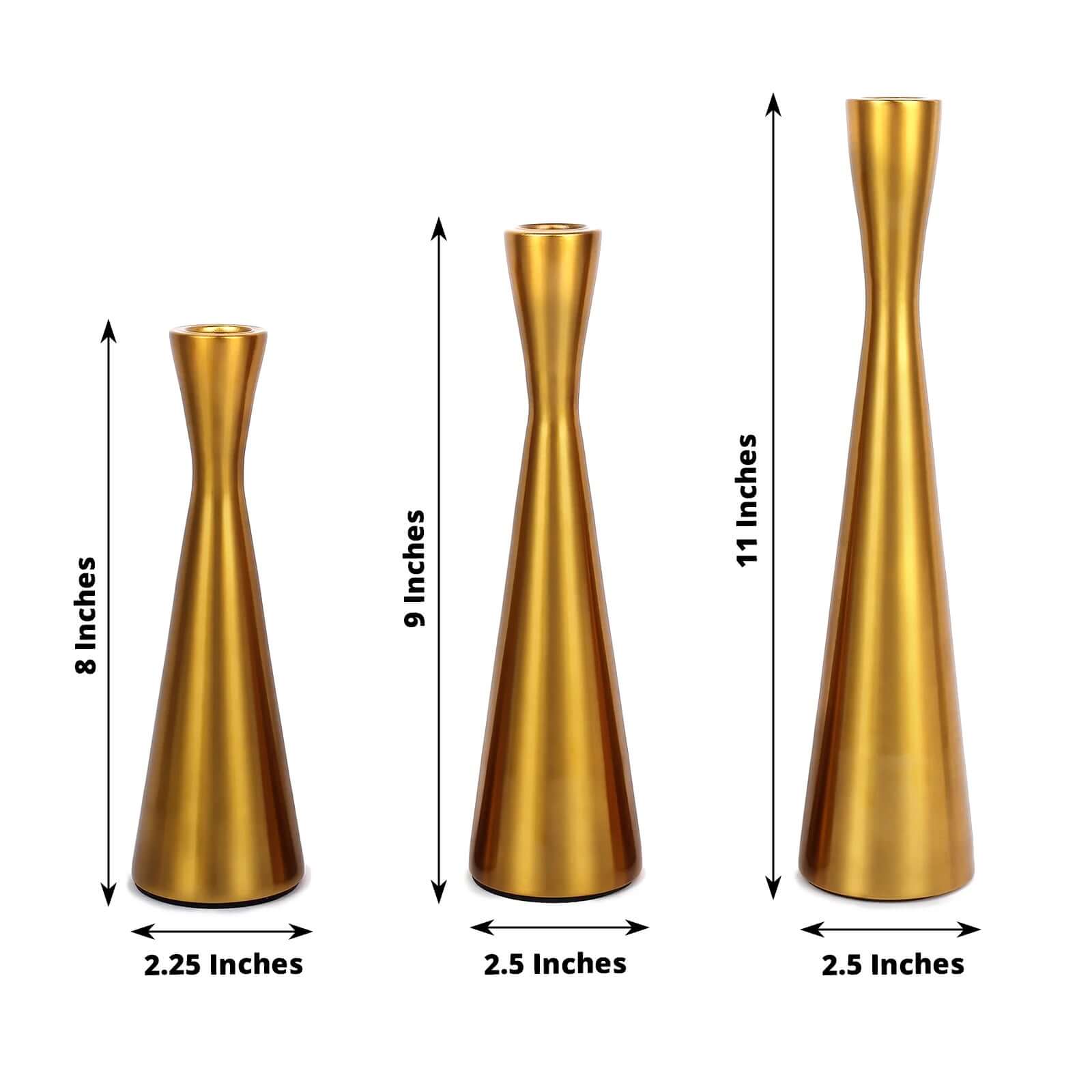 Set of 3 Hourglass Taper Candle Holders Gold Metal Nordic European Design - Tabletop Decor 8, 9, 11