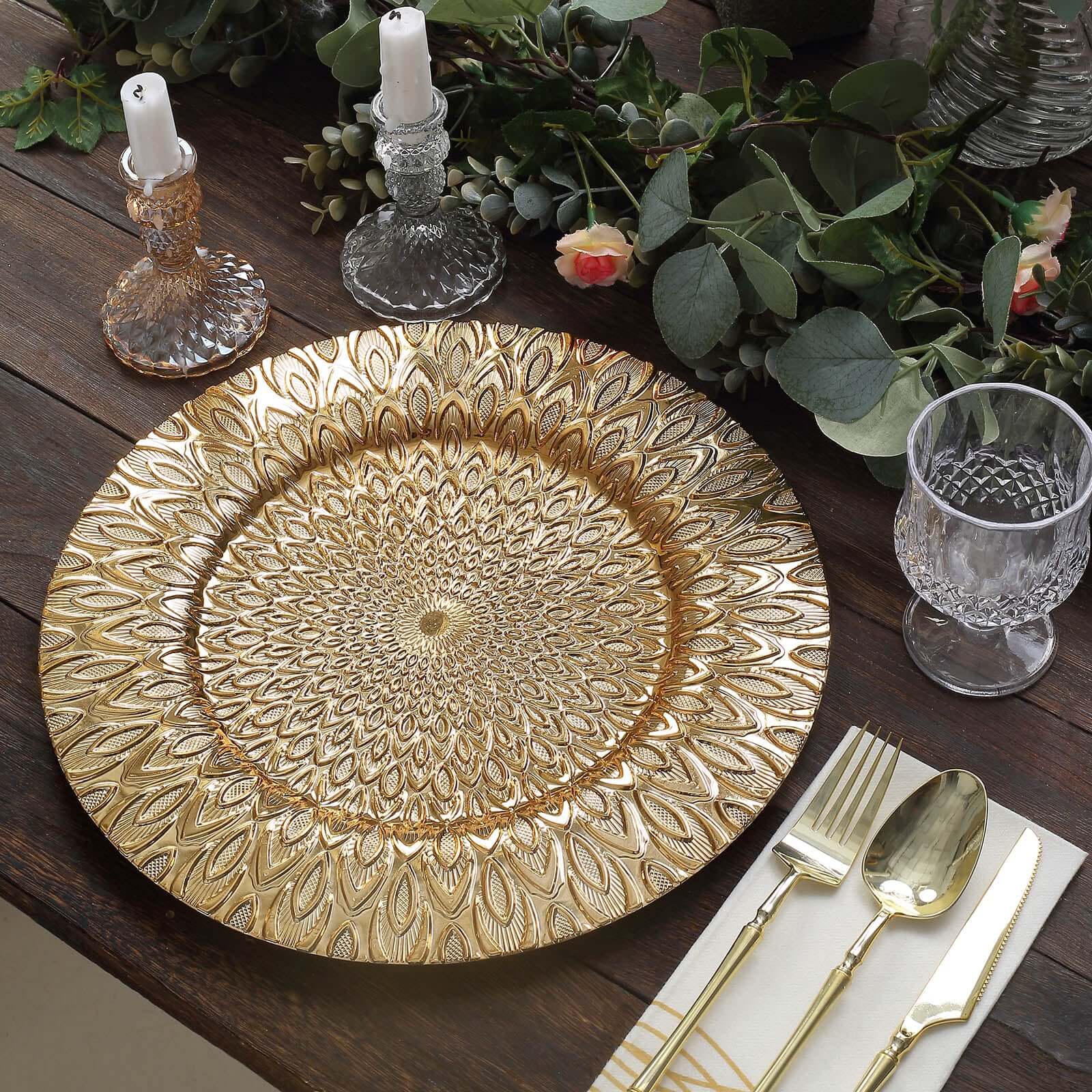 6-Pack Plastic Round Charger Plates 13 in Gold with Embossed Peacock Pattern, Stylish Disposable Charger Tableware