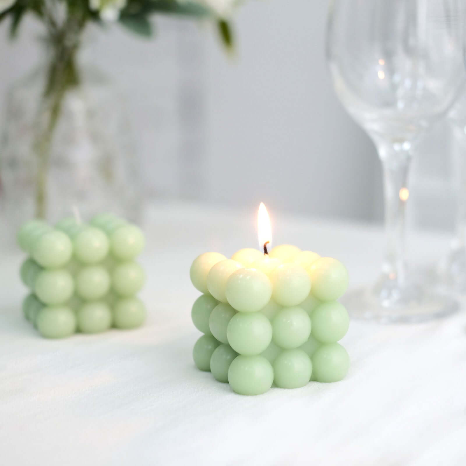 2-Pack Decorative Paraffin Wax Candles Bubble Cube Design Sage Green - Unscented Long Burning Pillar Candle Set 2