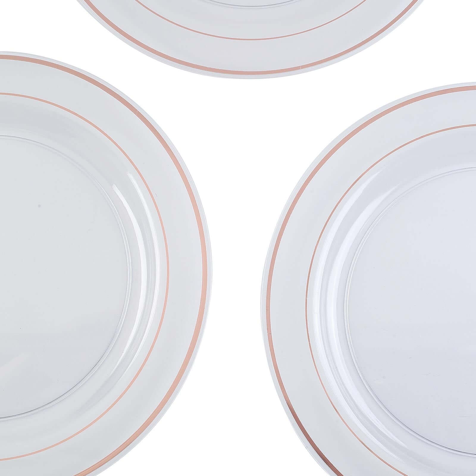 10-Pack Plastic Dinner Plates Clear with Très Chic Rose Gold Rim - Perfect Disposable Party Plates 10