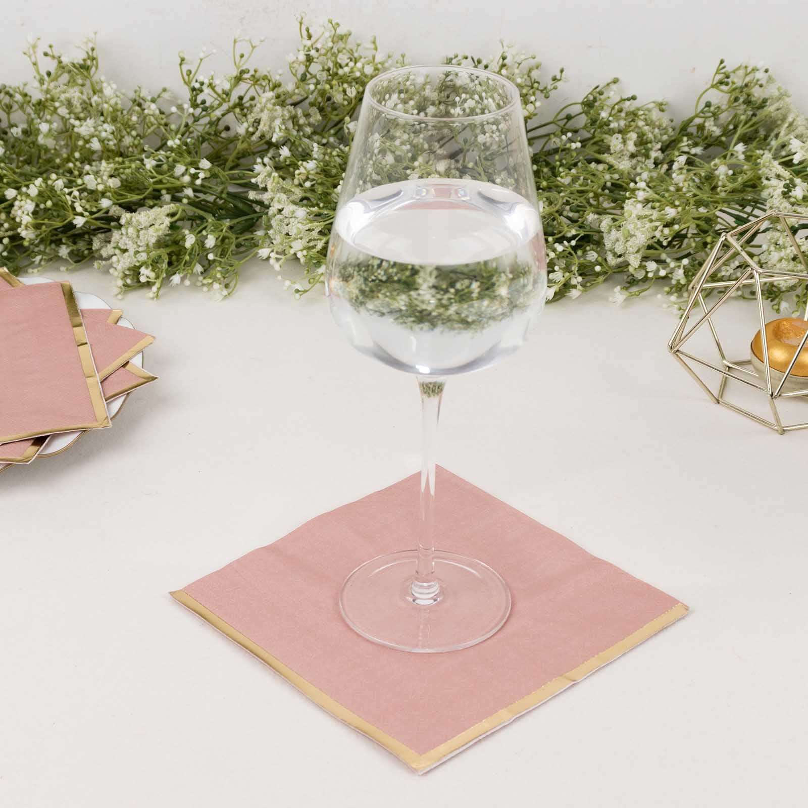 50-Pack Paper Beverage Napkins with Gold Foil Edge Dusty Rose - Disposable 2 Ply Cocktail Napkins for Events 6.5x6.5