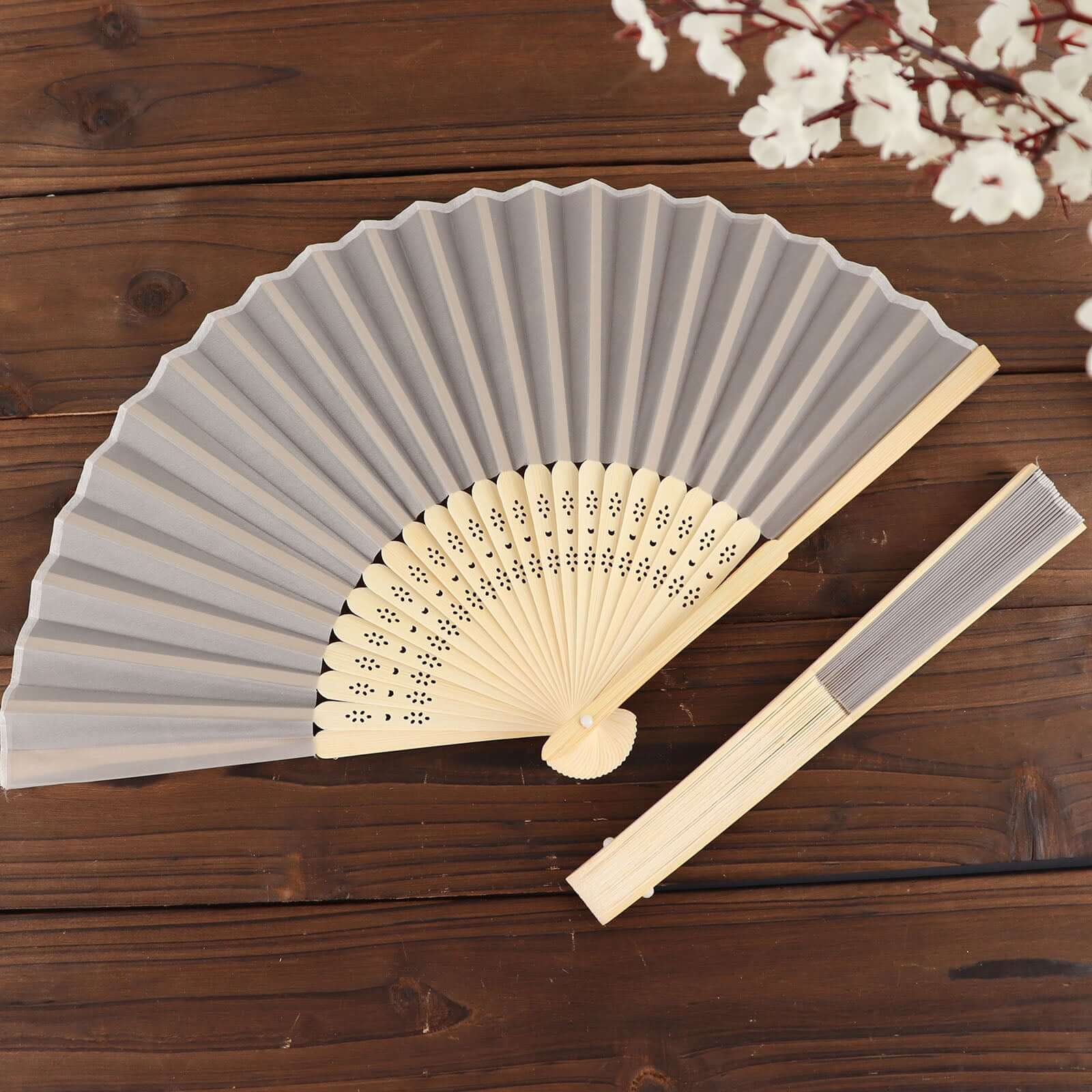 5 Pack Silver Asian Silk Folding Fans Party Favors, Oriental Folding Fan Favors