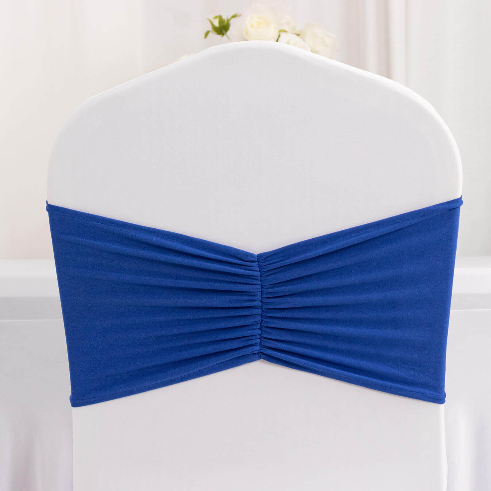 5 Pack Spandex Chair Sashes Royal Blue Ruffled Style - Wide Easy to Use Stretch Chair Bands 8x13