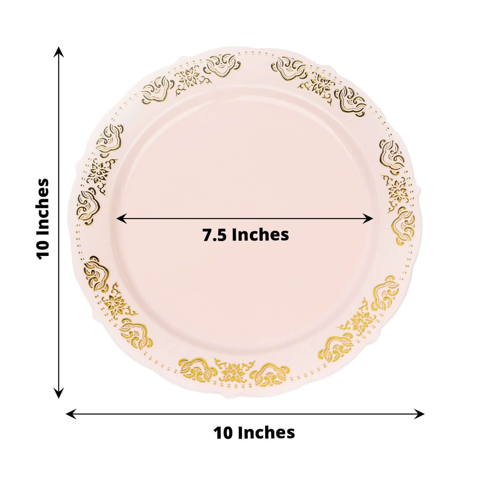 10-Pack Plastic 10 Round Dinner Plates in Blush with Gold Embossed Scalloped Edge - Chic Disposable Party Plates for Special Occasions & Banquets