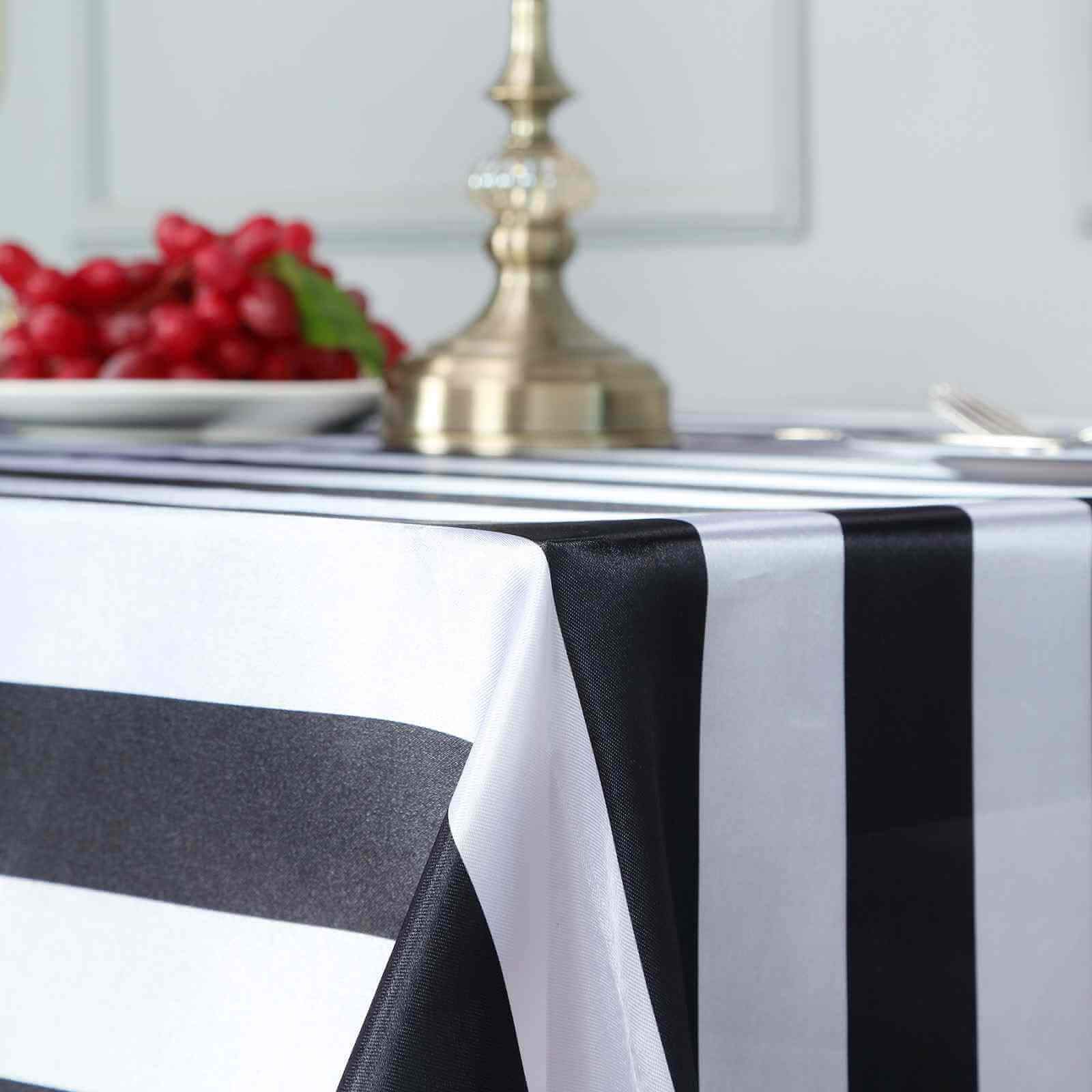 Satin 90x156 Rectangle Tablecloth Black/White - Stripe Design with Seamless Finish Table Cover