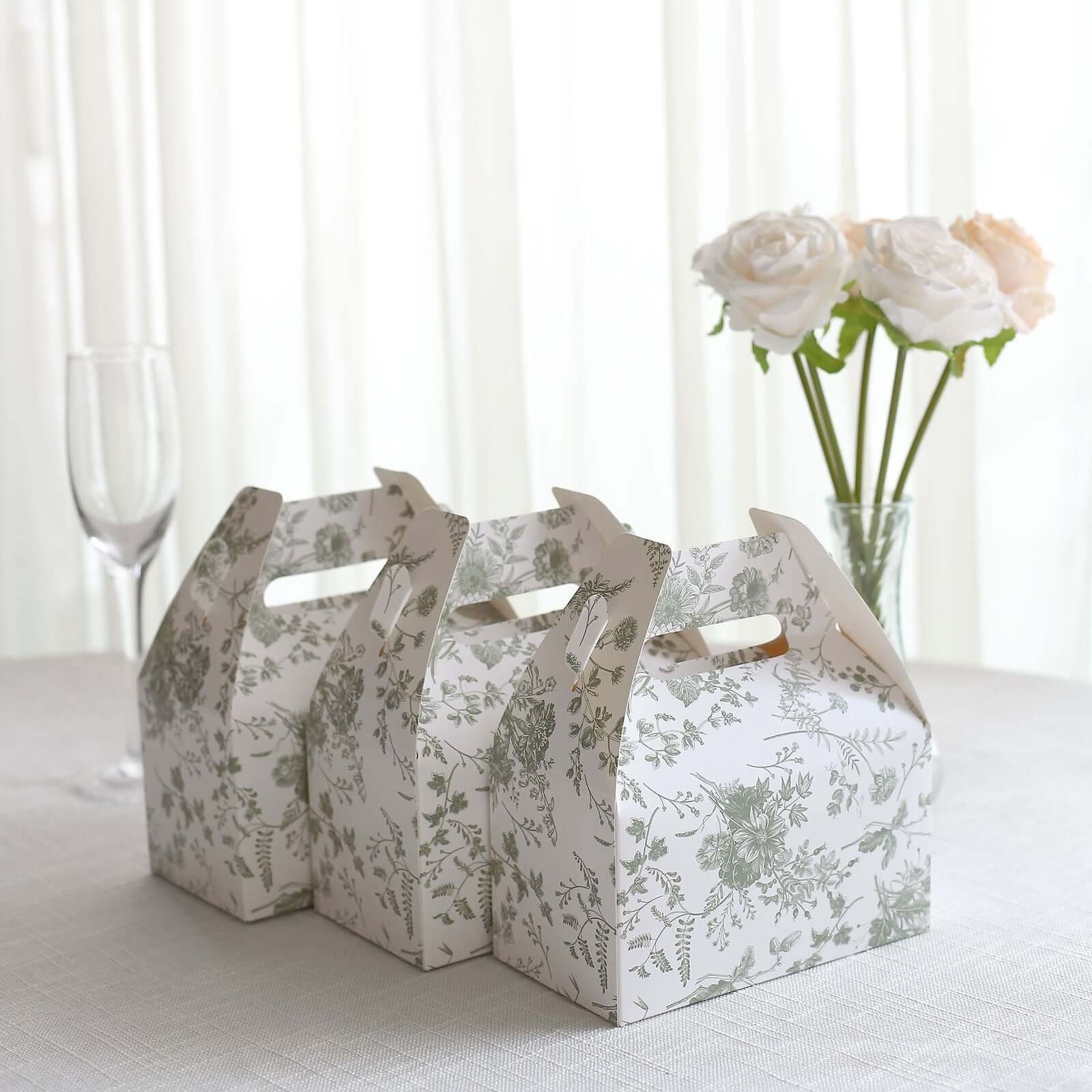 25 Pack White Sage Green Candy Gift Tote Gable Boxes in French Toile Pattern, Party Favor Treat Boxes - 6x3.5x7