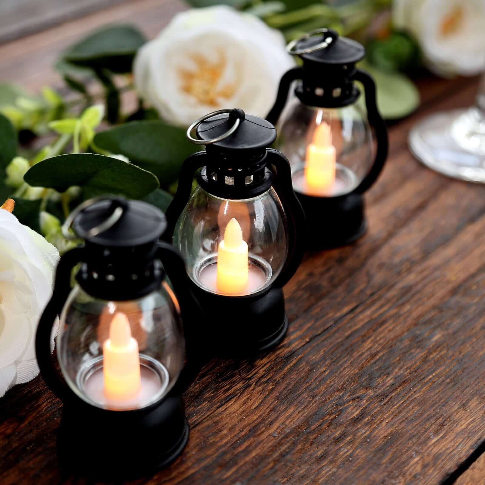 12-Pack LED Flickering Decorative Lights Vintage Black - Battery Operated Mini Hanging Lanterns 3.5