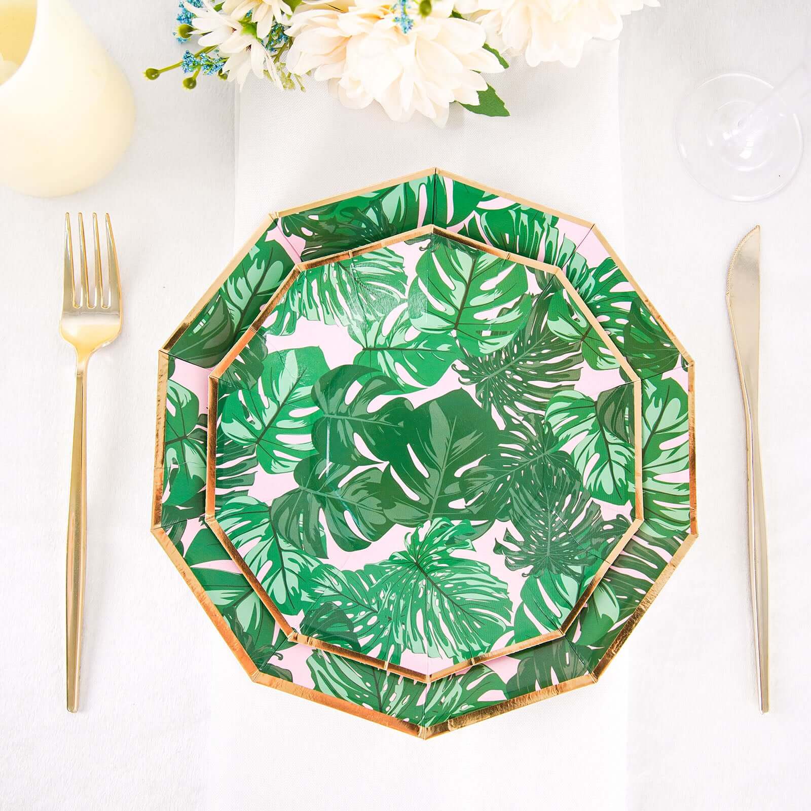 25-Pack Paper 7 Decagon Dessert Plates in Pink with Green Tropical Palm Leaves & Gold Rim - Disposable Geometric Appetizer Salad Plates for Boho Chic & Jungle Themed Events