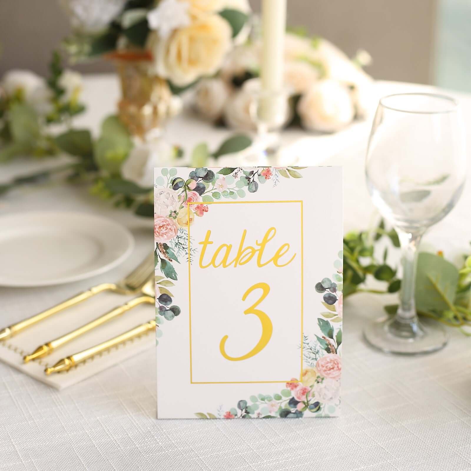 25-Pack Paper Wedding Table Numbers 1-25 White Peony Flower Design - Free Standing Double Sided Table Signs with Glam Gold Foil Numbers 7