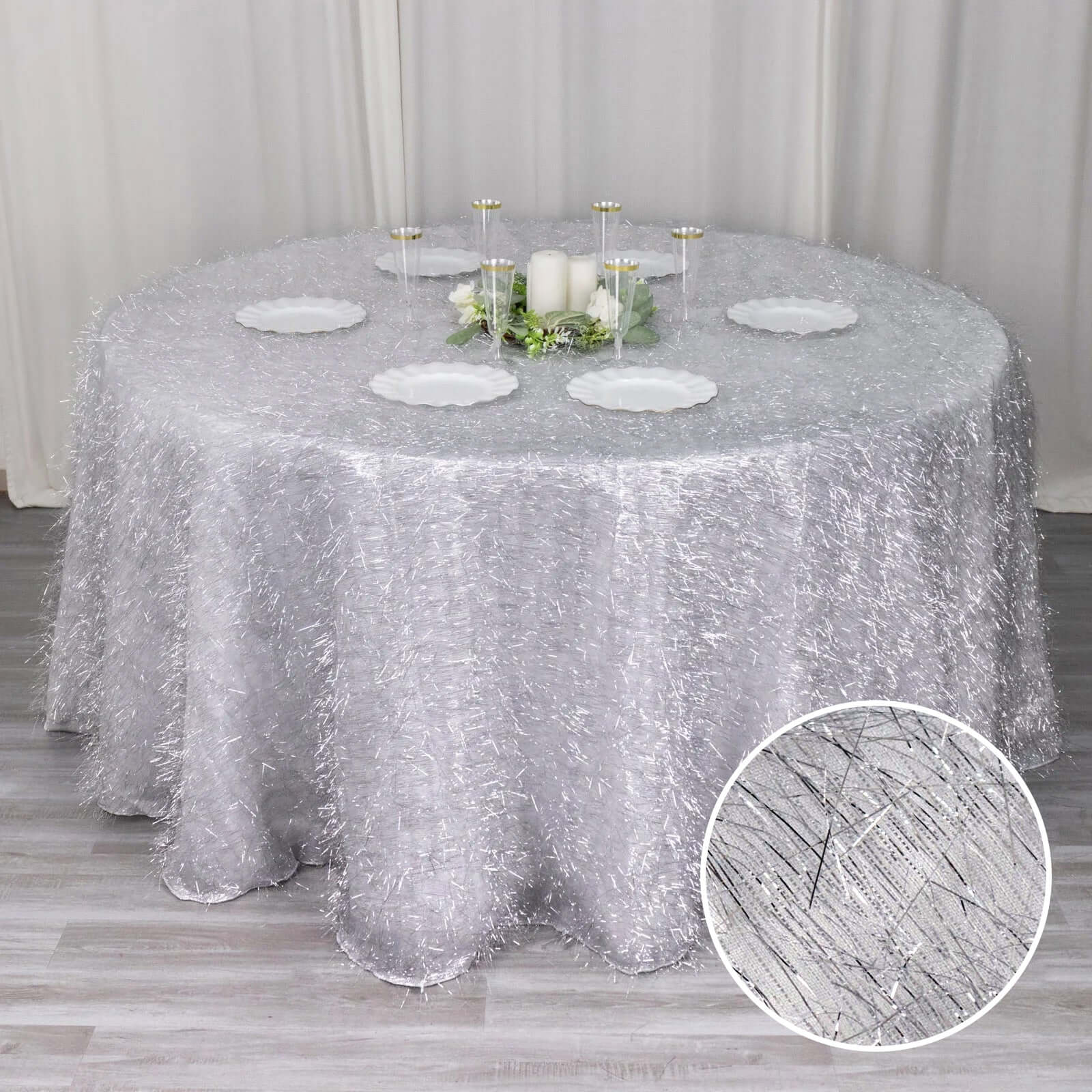 Polyester 120 Round Silver Tablecloth Metallic Fringe Shag Tinsel Table Cover