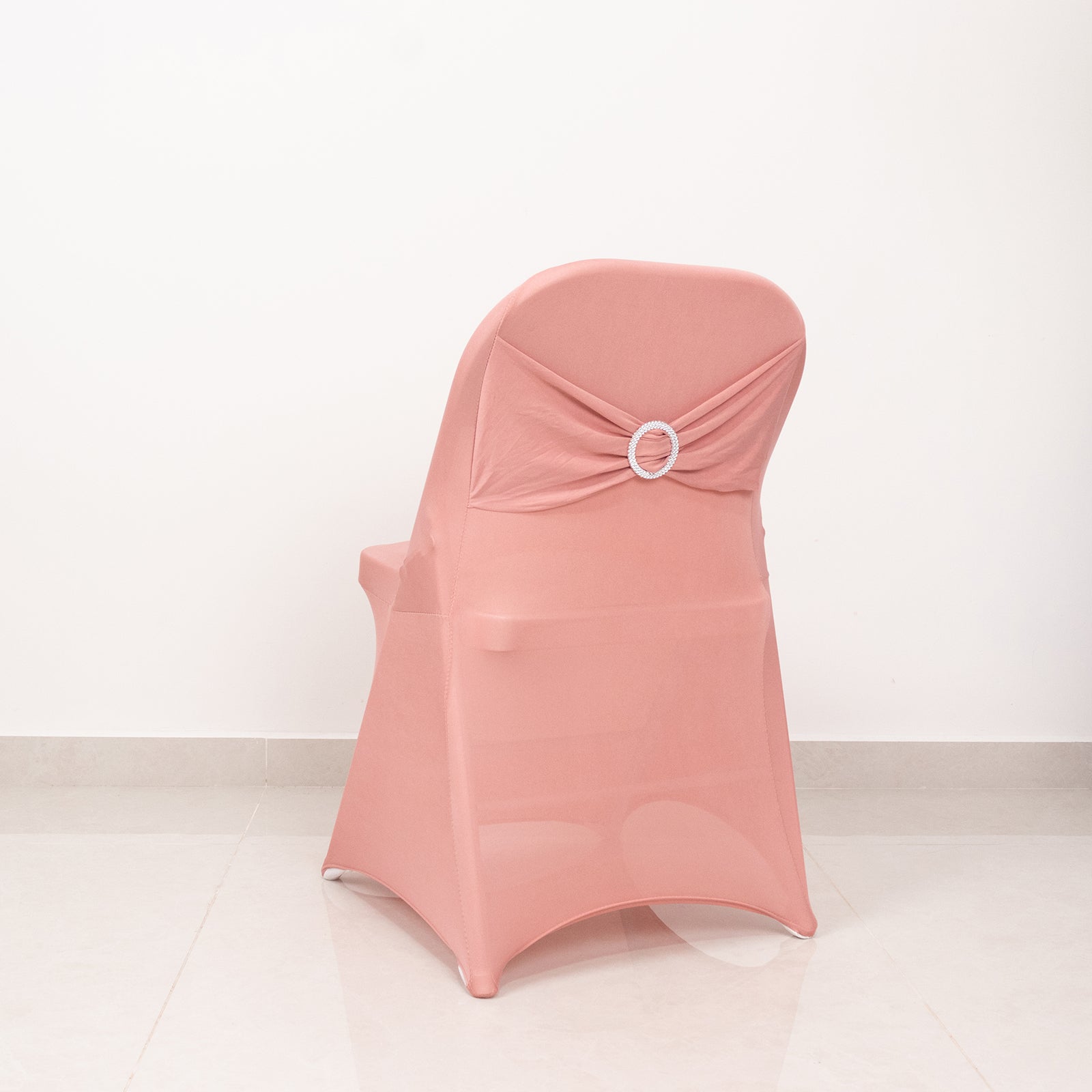 Stretch Spandex Chair Cover Dusty Rose for Folding Chairs - Secure Fit Slipcover with Silver Rhinestone Buckled Sash Band