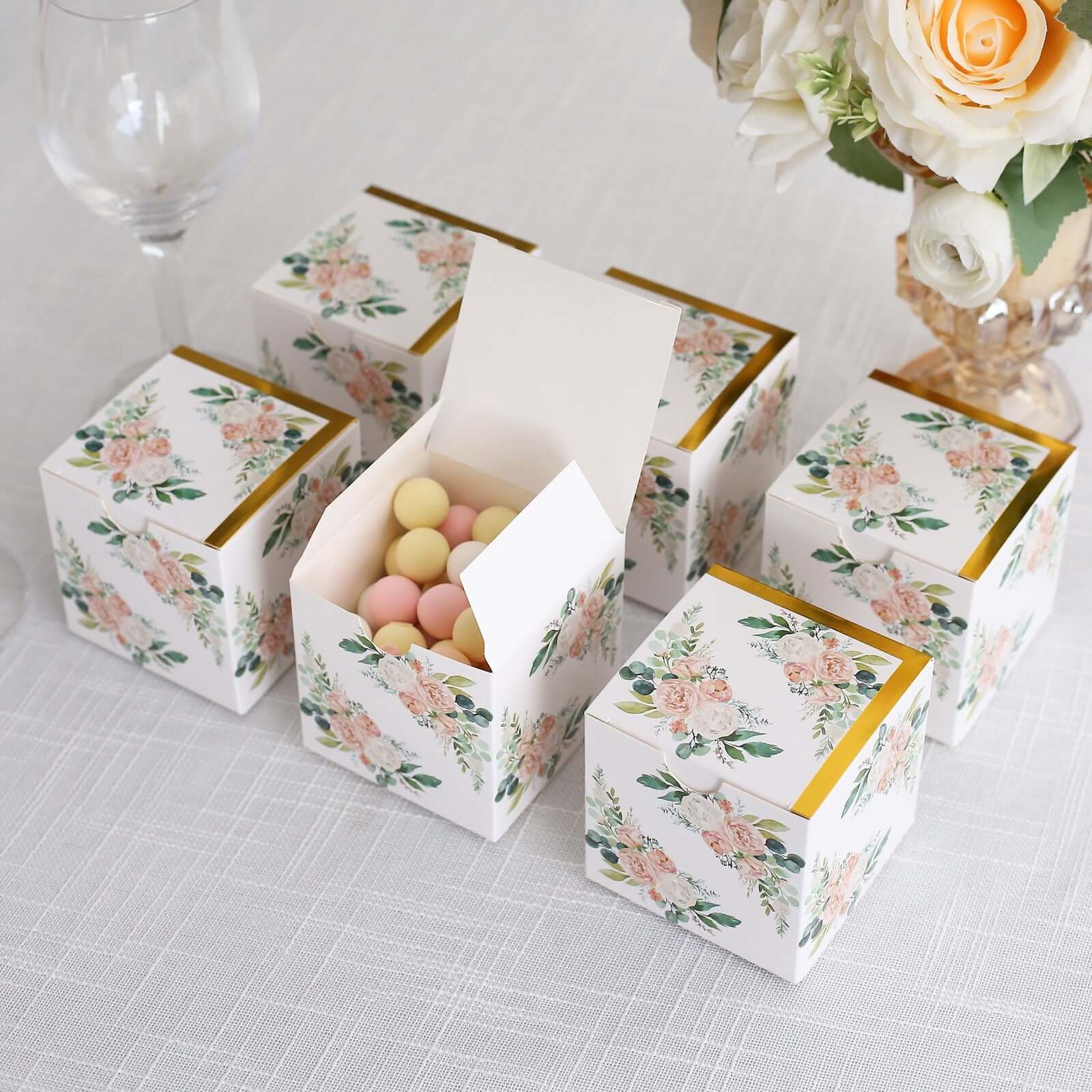 25 Pack White Pink Peony Flowers Print Paper Favor Boxes with Gold Edge, Cardstock Party Shower Candy Gift Boxes - 3x3x3