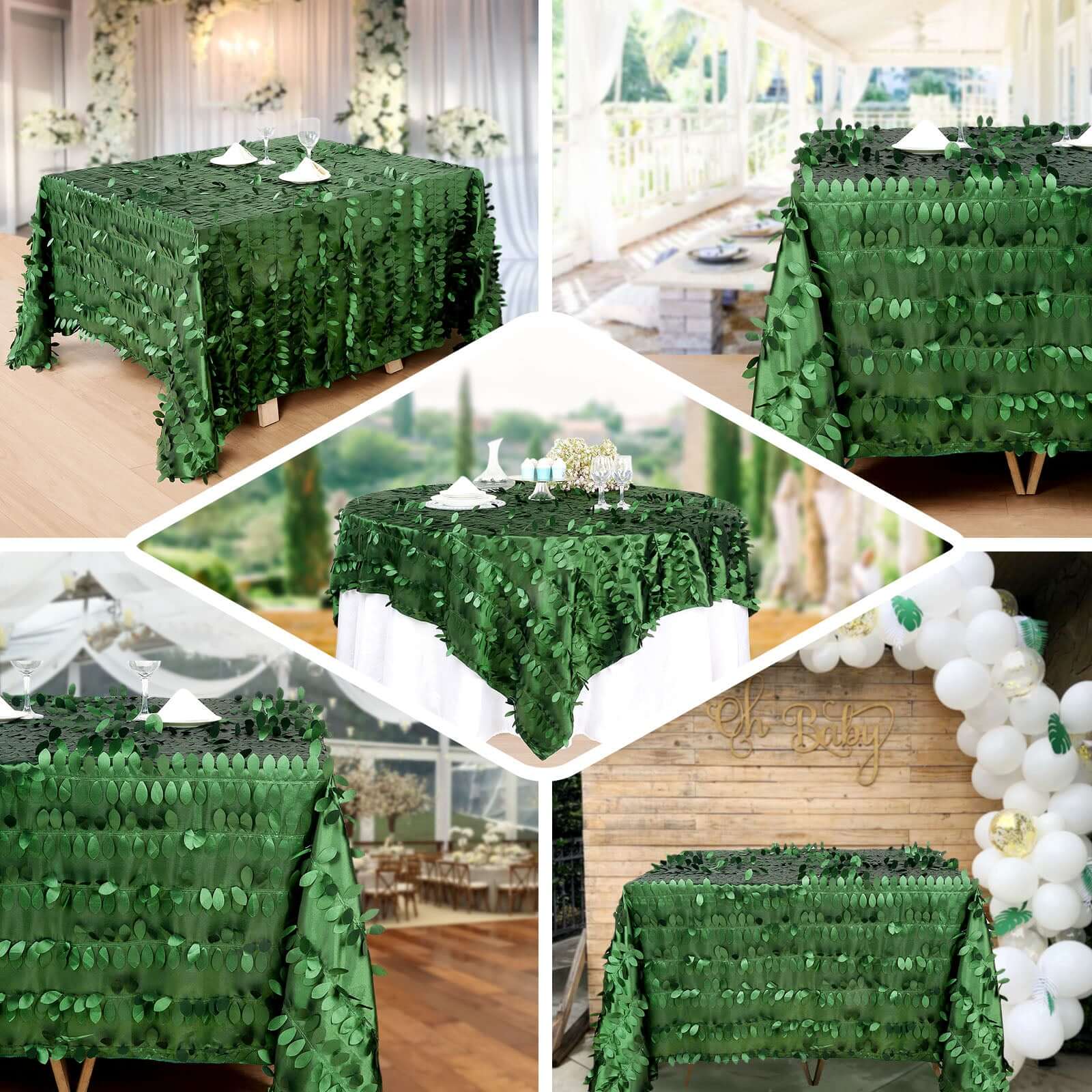 Taffeta 90x90 Table Overlay Square Tablecloth Green - Leaf Petal Design for Stylish Celebrations