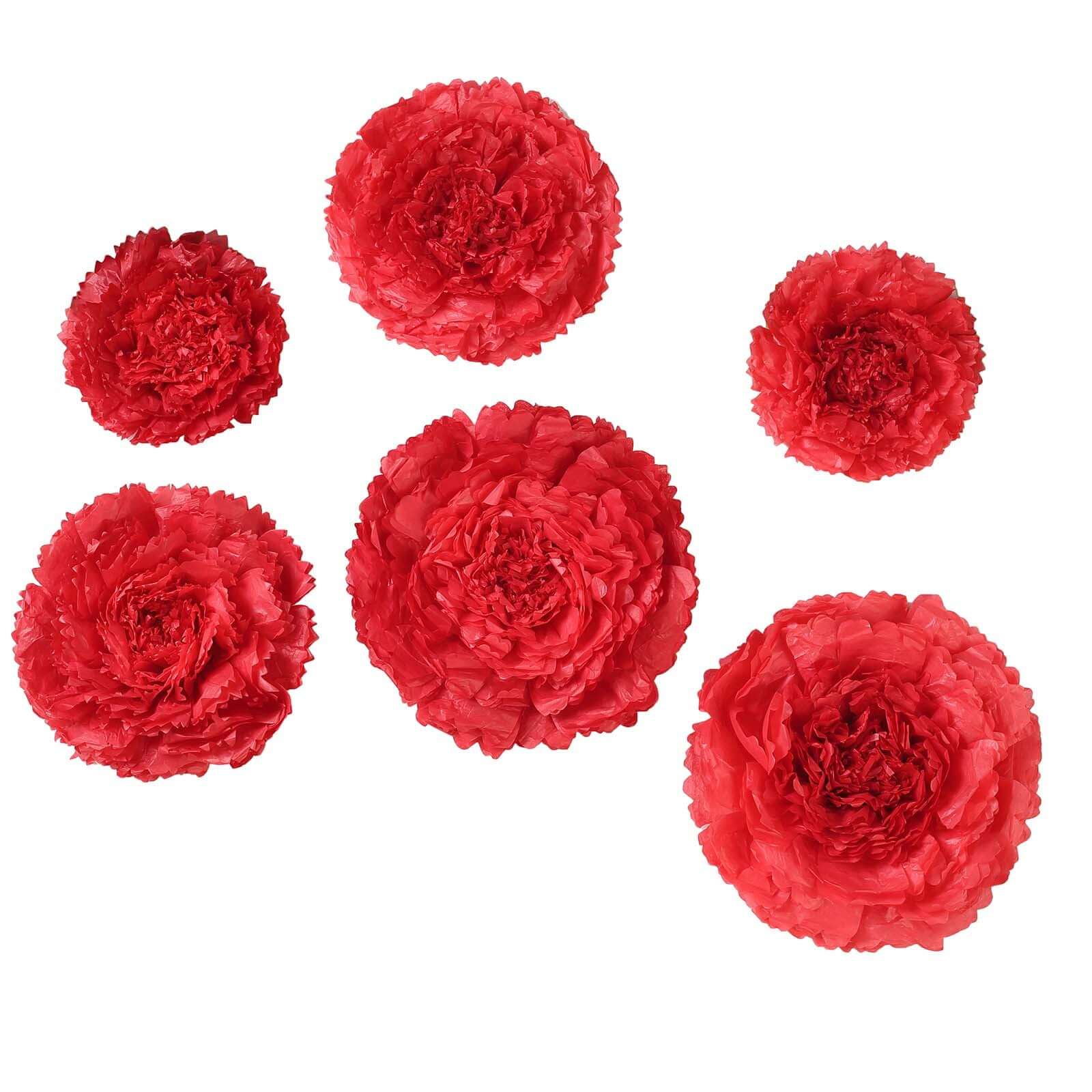 Set of 6 Red Giant Carnation 3D Paper Flowers Wall Decor - 12,16,20