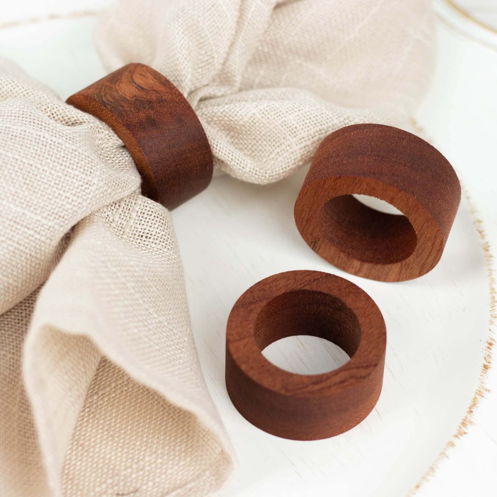 4 Pack 1.75 Cinnamon Brown Rustic Hardwood Farmhouse Napkin Rings, Boho Napkin Holder Wood Slices
