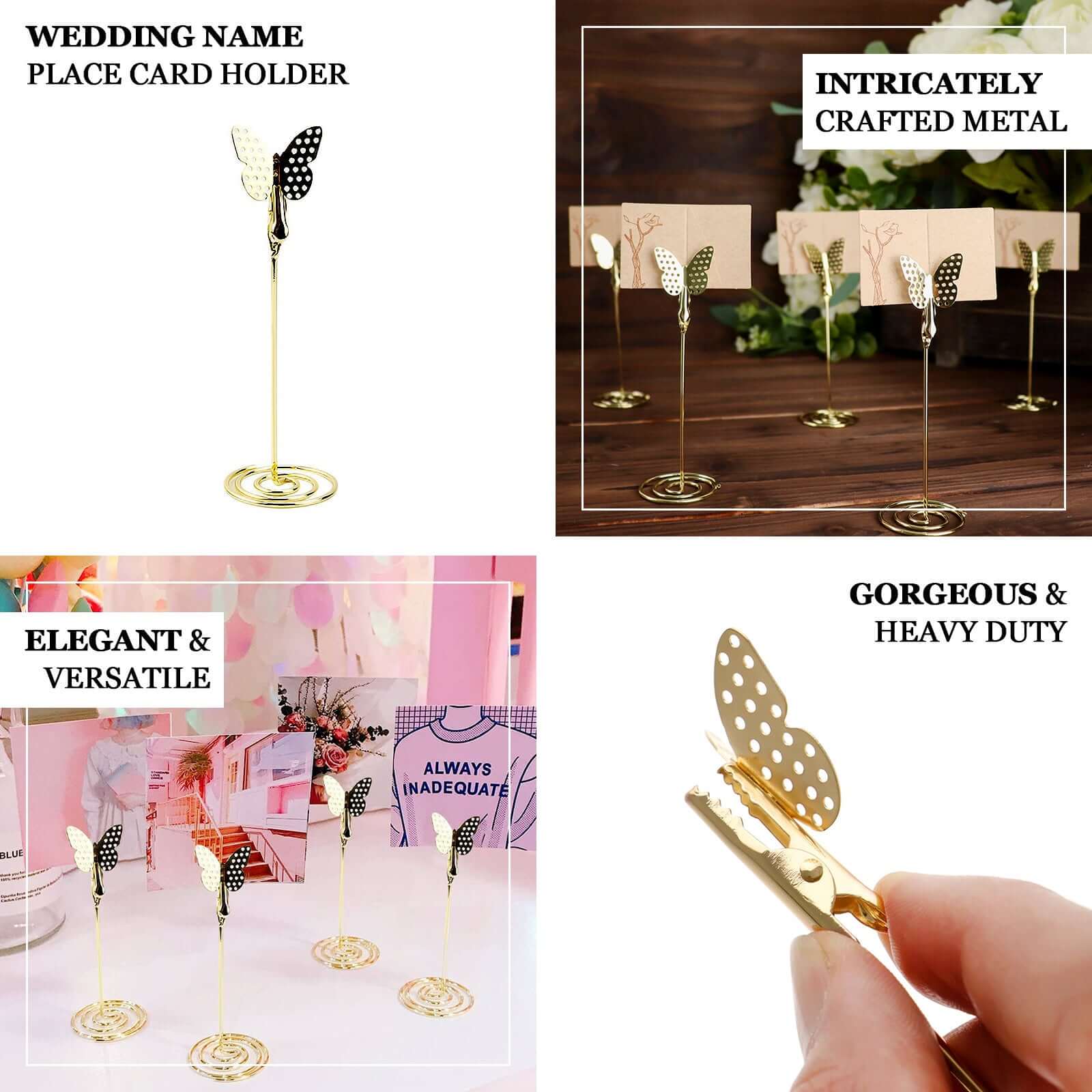 5-Pack Metal Place Card Holders Gold - Modern Table Number Stands with Whimsical Butterfly Clips & Spiral Base for Signs Memos Photos Menus 5