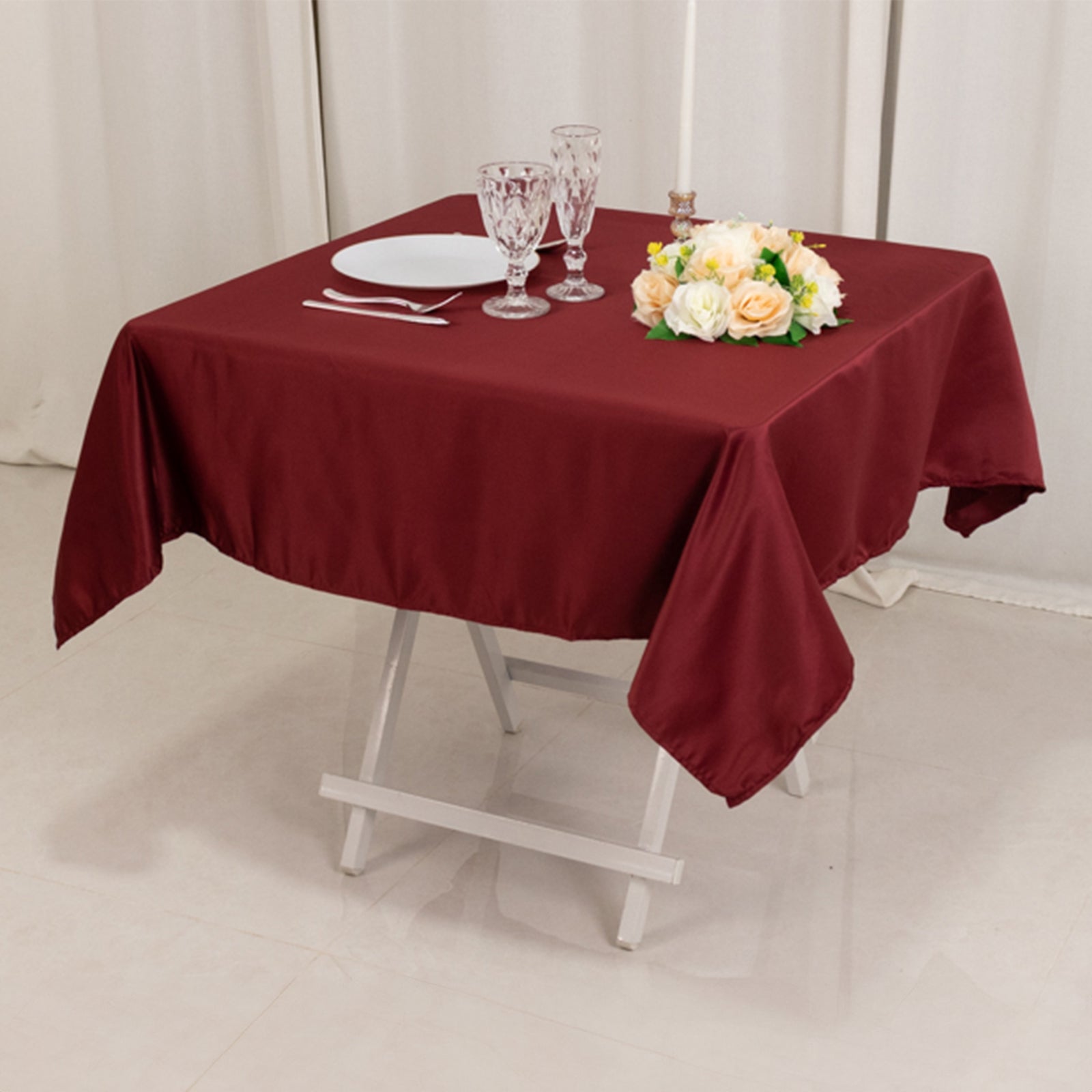 Lamour Satin 54x54 Table Overlay Square Tablecloth Burgundy - Durable & Silk-Like Table Cover