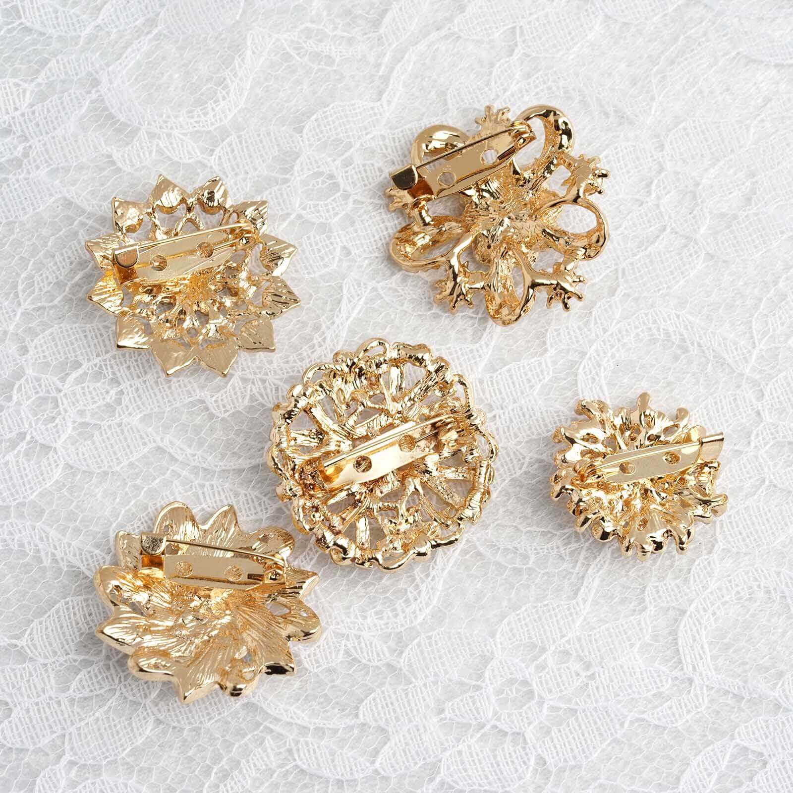 5 Pack Rhinestone Brooches Gold Plated with Mandala Crystal - Gleaming Floral Sash Pins for Wedding Bouquets & Events