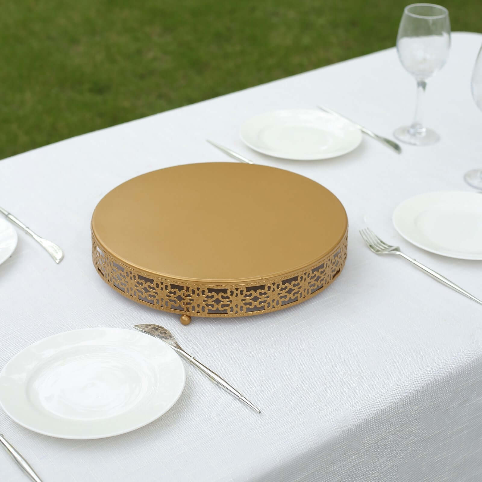 Metal Pedestal Cake Stand Fleur De Lis Round Design Gold - Cupcake Dessert Display Table Centerpiece 12