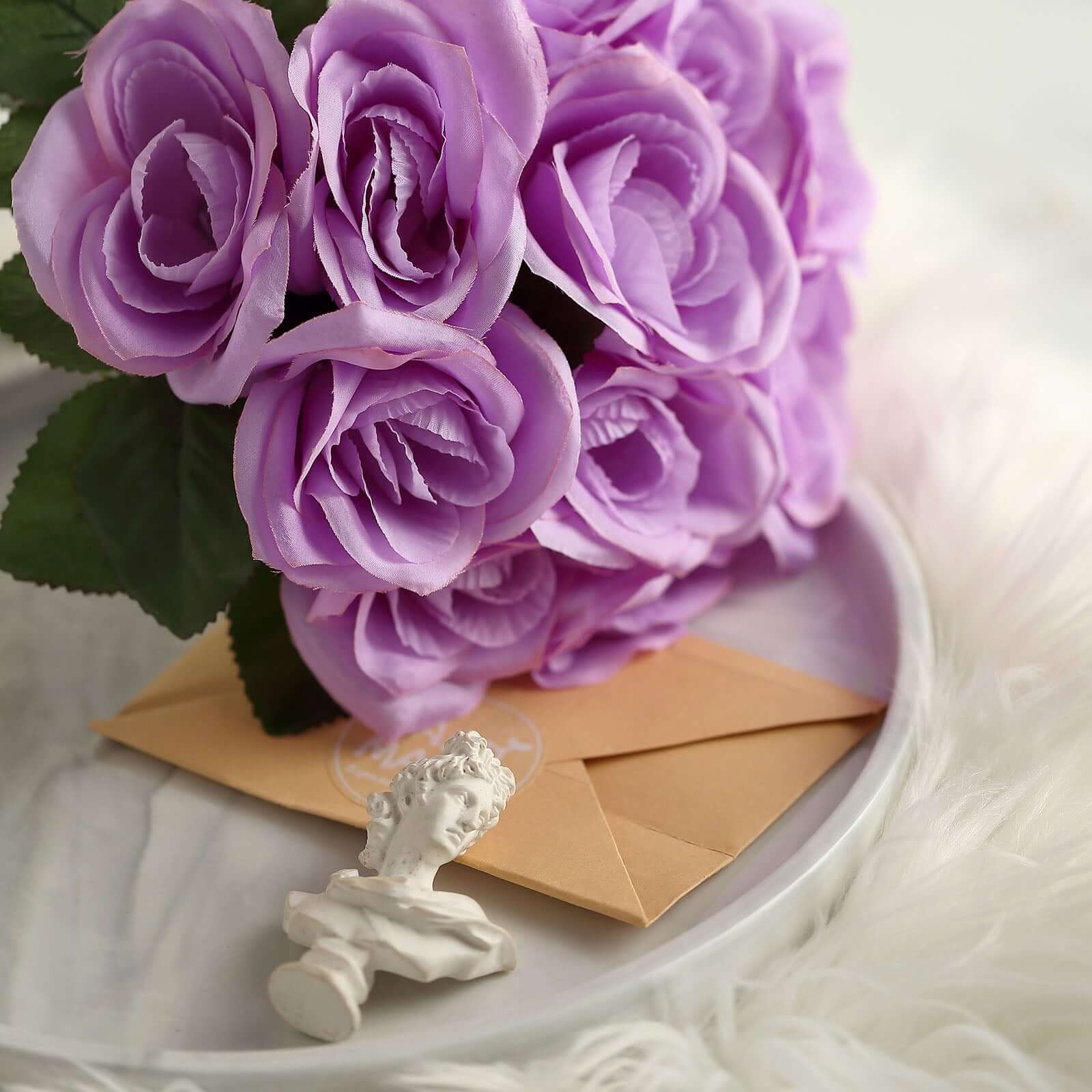 12 Lavender Lilac Artificial Velvet-Like Fabric Rose Flower Bouquet Bush