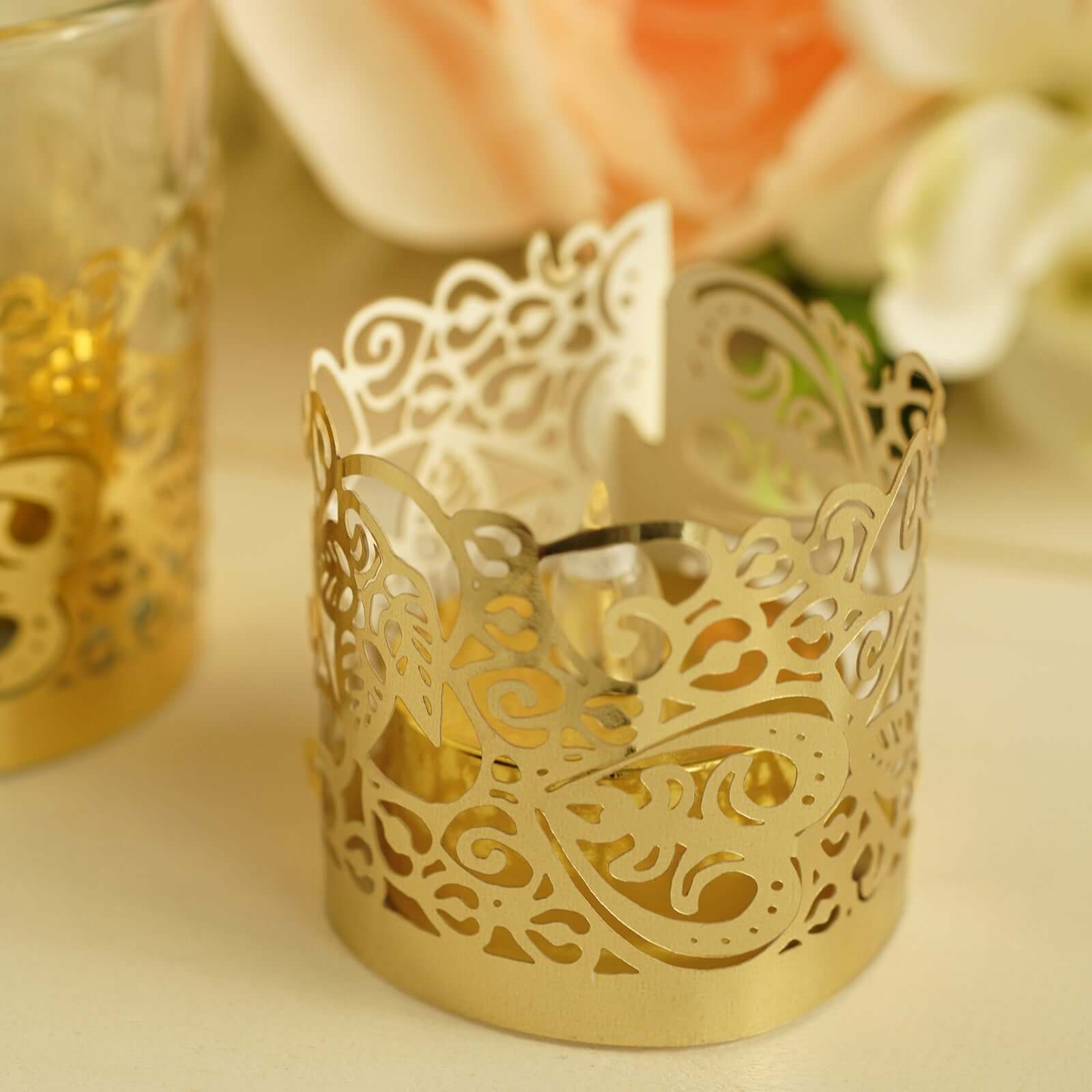 20-Pack Paper Candle Holder Wraps Floral Lace Design Gold Foil - Votive Tealight Decorative Wraps