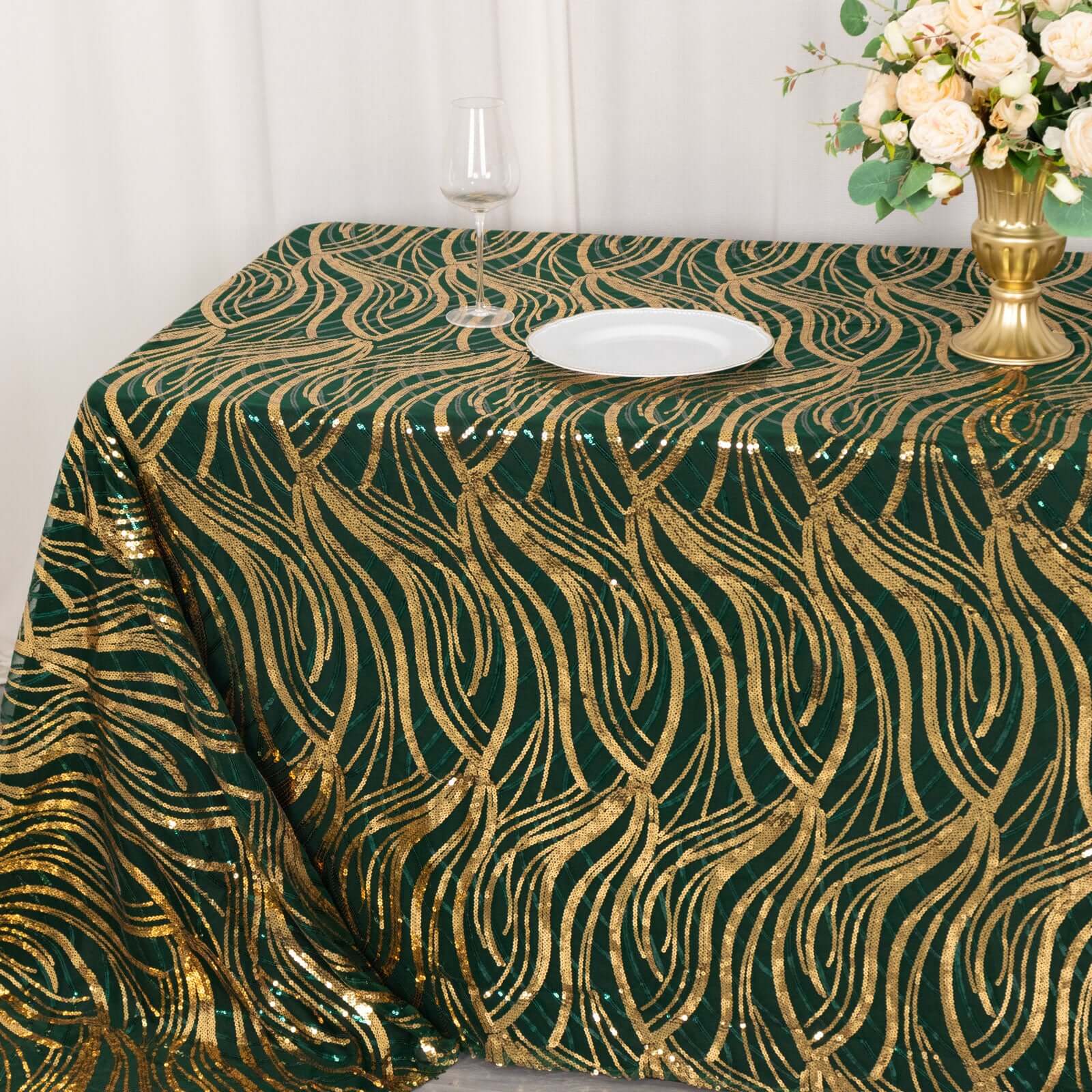 Mesh 90x156 Rectangle Tablecloth Hunter Emerald Green/Gold - Wave Sequin Embroidered Table Cover