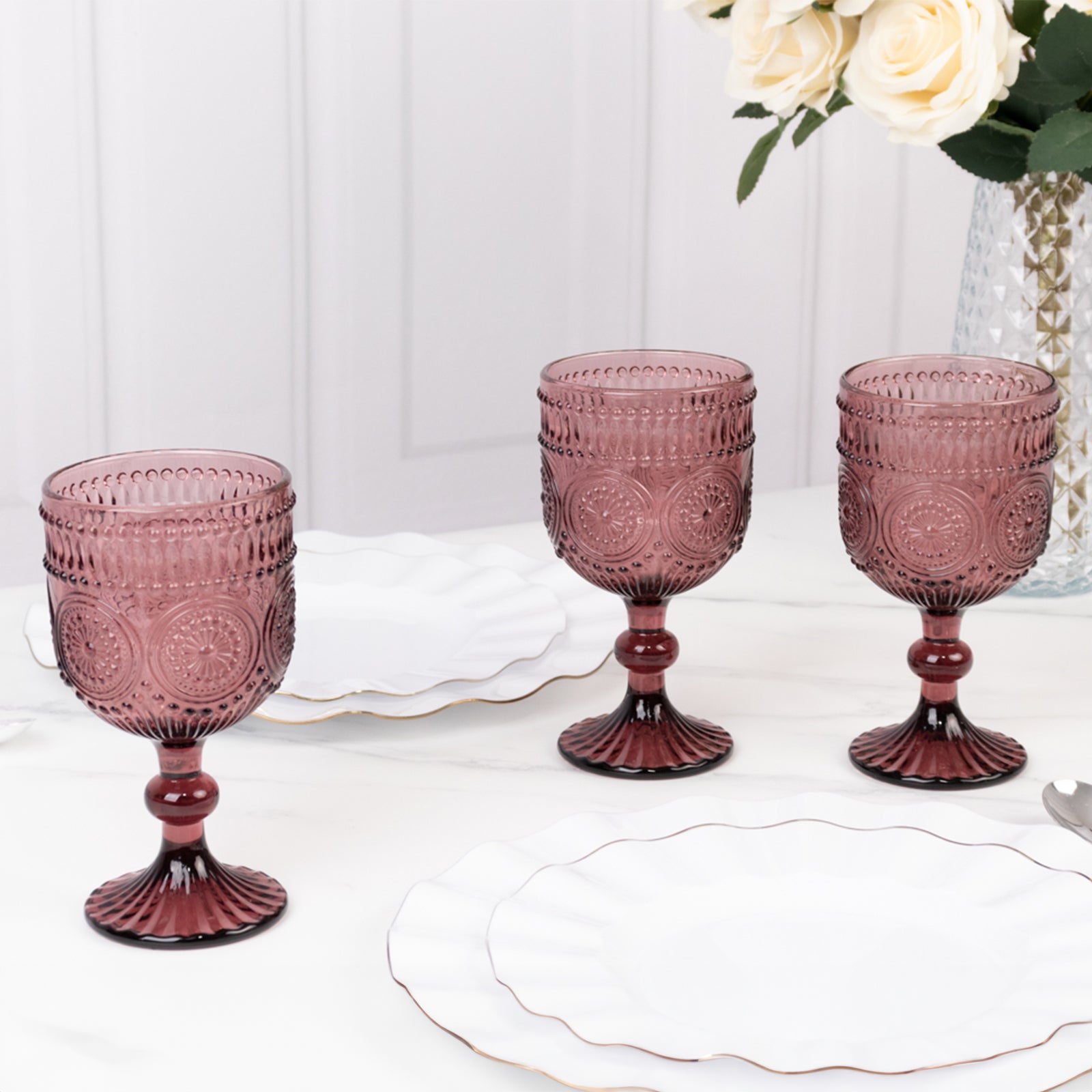 6-Pack Wine Glasses Dusty Rose Vintage Embossed Design with Textured Floral Pattern - Short Stemmed Glasses for Drinks & Cocktails 12oz