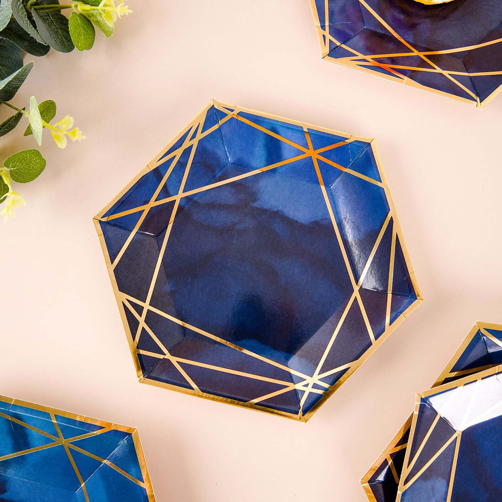 25-Pack Paper 7 Hexagon Dessert Plates in Navy Blue with Gold Geometric Lines & Rim - Stylish Disposable Geometric 300GSM Appetizer Salad Plates