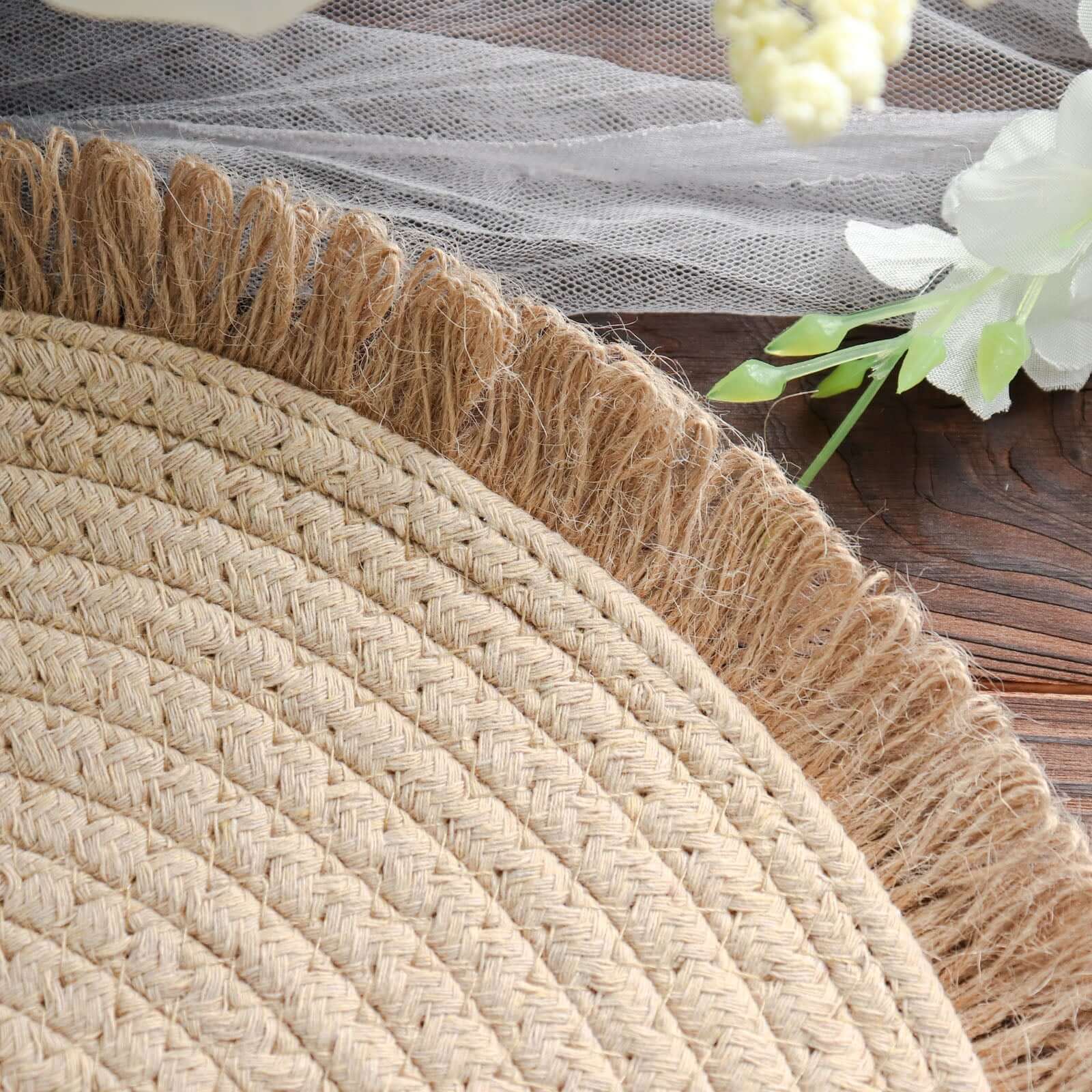 4-Pack Placemats Fringed Edge Design Natural Rustic Burlap Jute Round - Farmhouse Style Table Mats with Trim 15