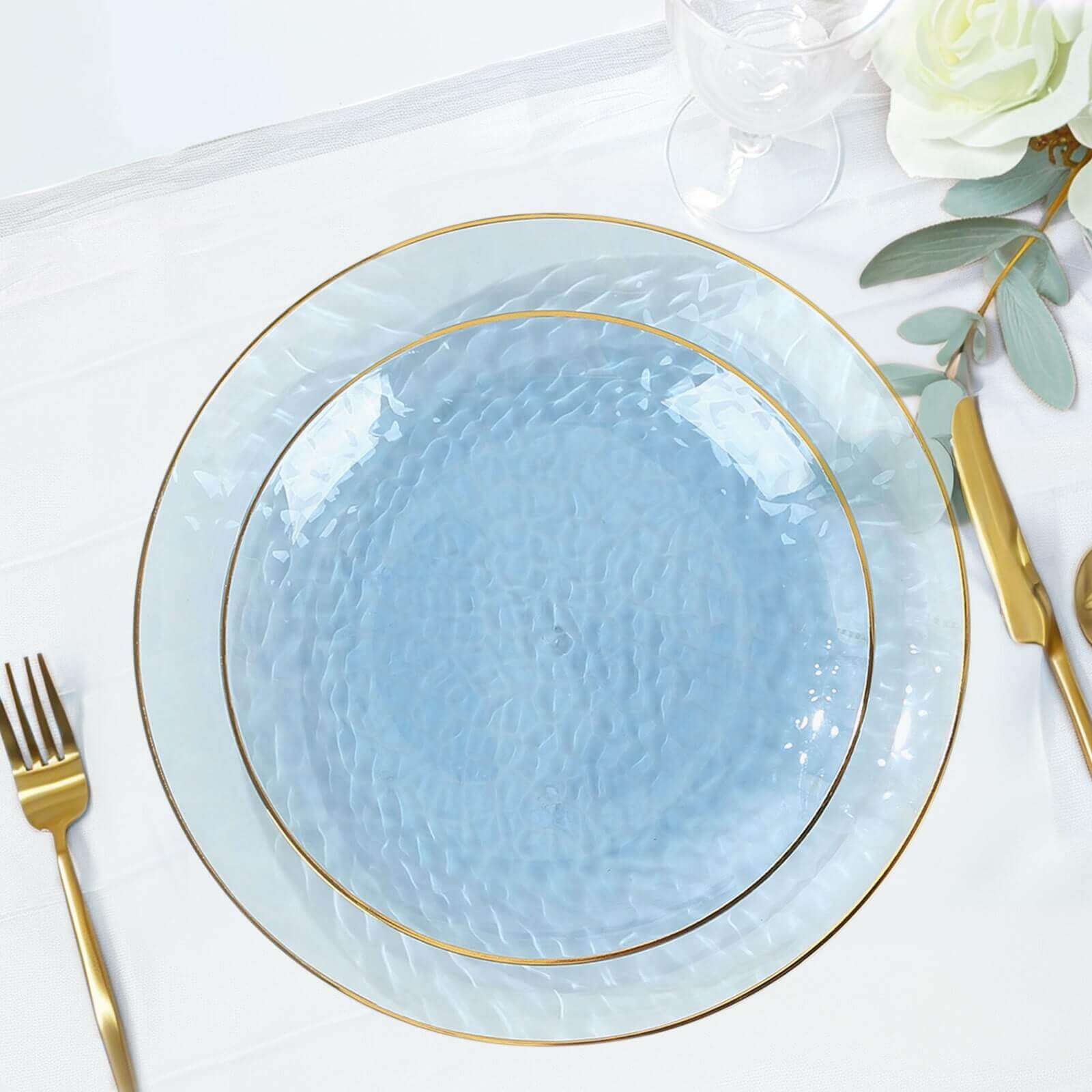 10-Pack Plastic 7 Round Dessert Appetizer Plates in Transparent Dusty Blue Hammered Design with Gold Rim - Modern Disposable Salad Plates