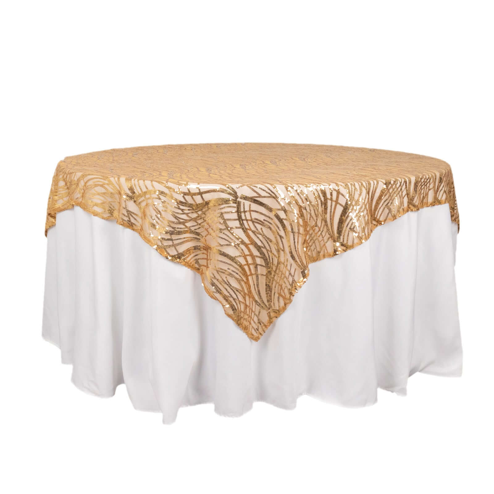 Mesh 72x72 Table Overlay Square Tablecloth Gold Wave Design with Embroidered Sequins for Stylish Occasions