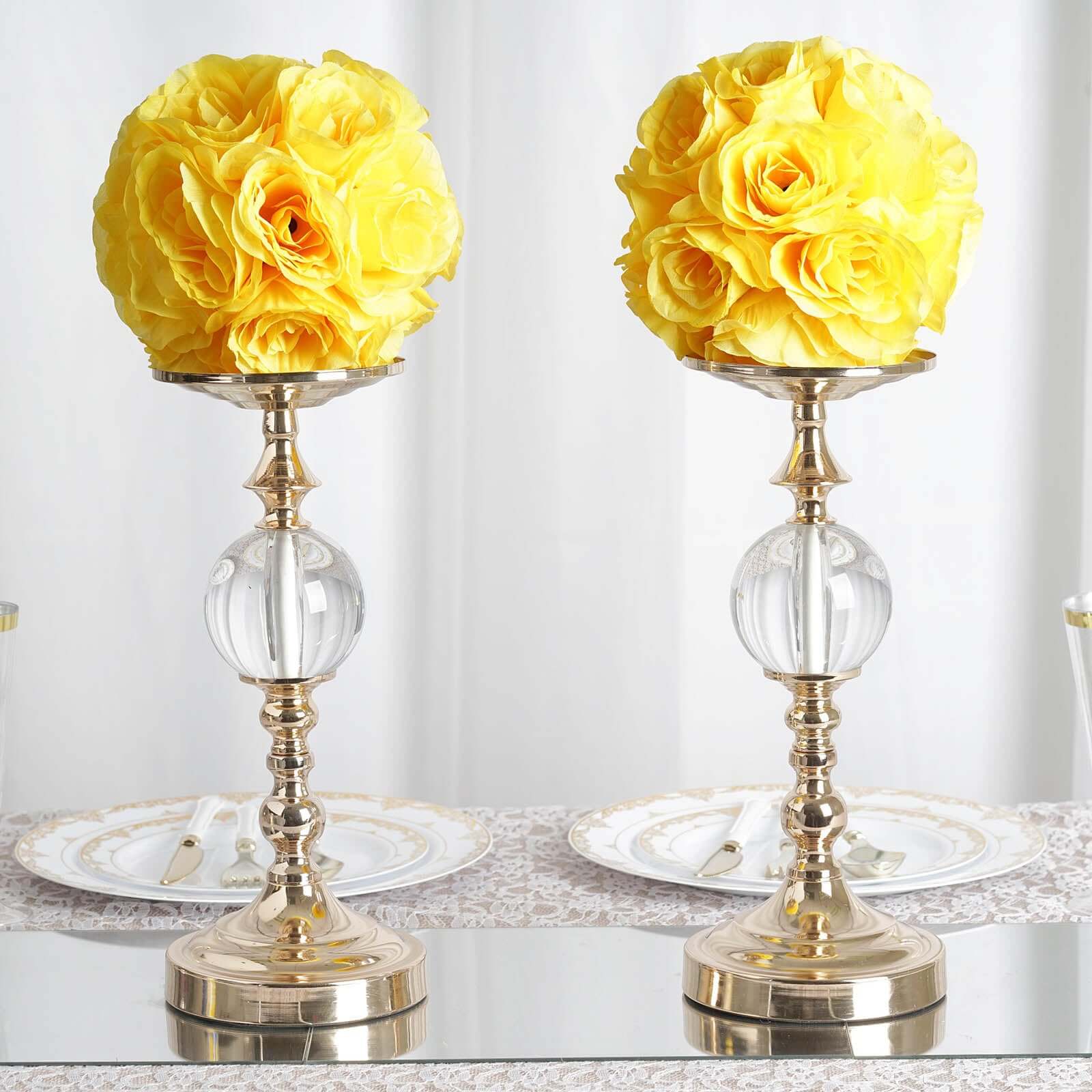 2 Pack 7 Yellow Artificial Silk Rose Kissing Ball, Faux Flower Ball