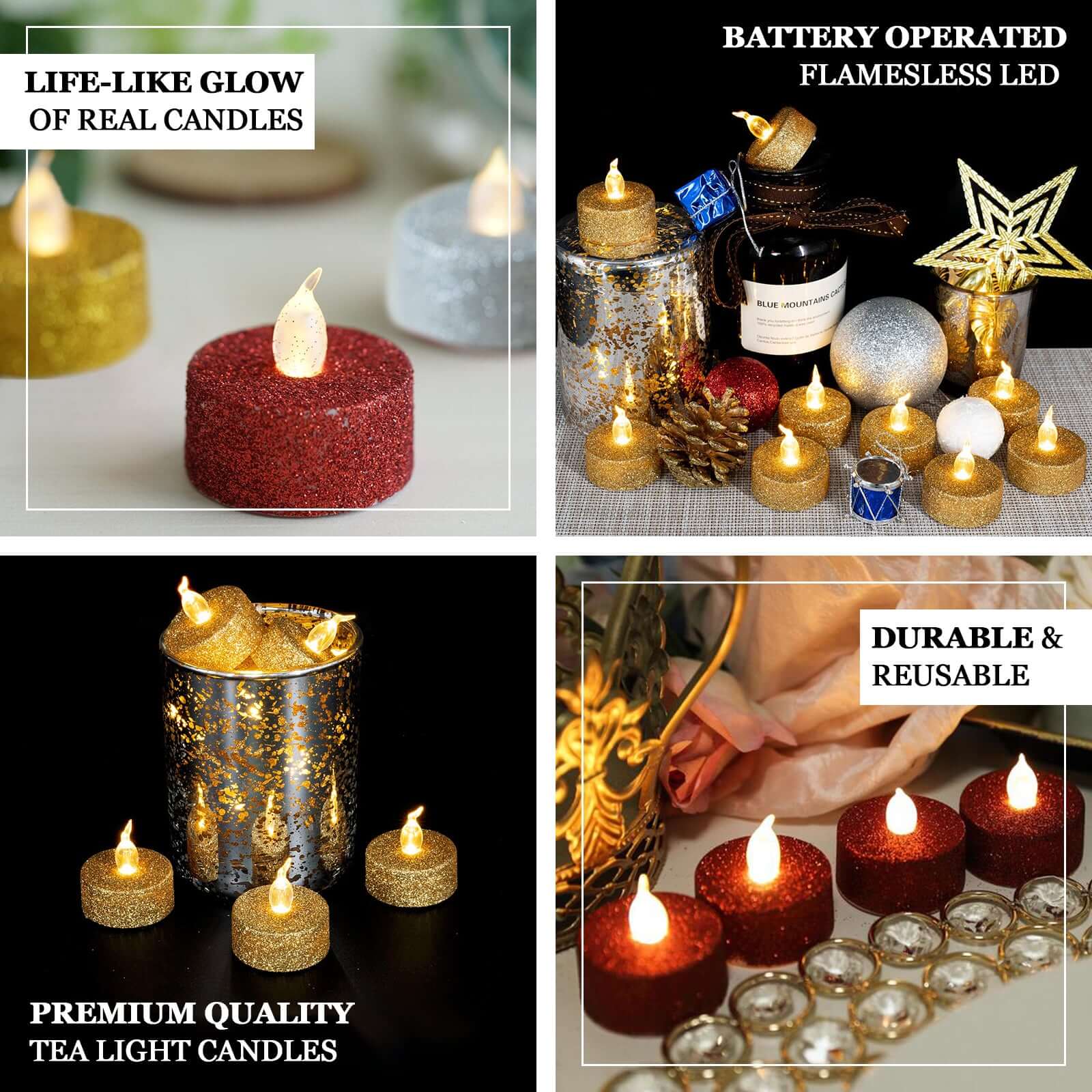 12-Pack LED Tealight Candles Glitter Gold Design - Flameless Battery Operated Tea Lights