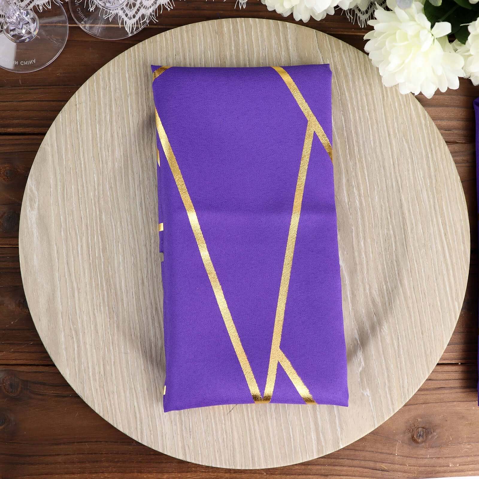 5 Pack Polyester 20x20 Napkins Purple with Gold Geometric Foil Pattern - Modern Reusable Dinner Napkins