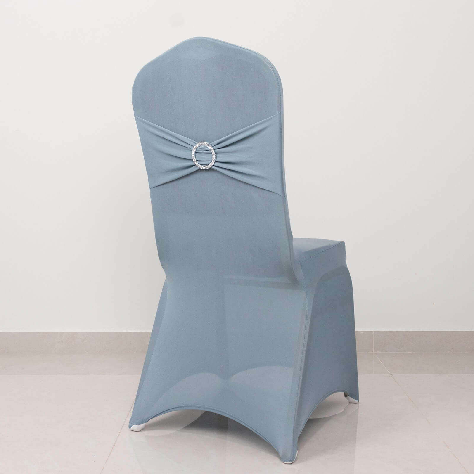 Spandex Chair Cover with Dusty Blue Rhinestone Buckled Sash Band Blush - Stretch Fitted Slipcover